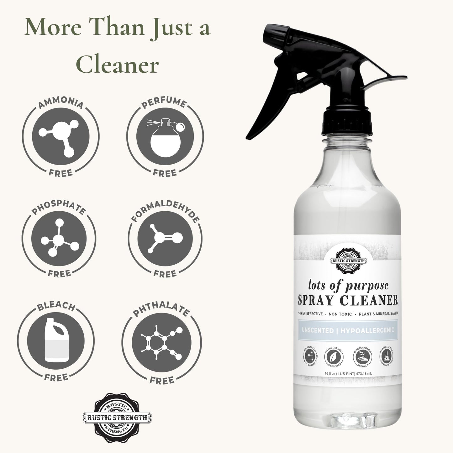 Rustic Strength Lots of Purpose Spray Cleaner, Unscented, Multi-Surface, pH Balanced, Non-Toxic, Biodegradable, 16 oz