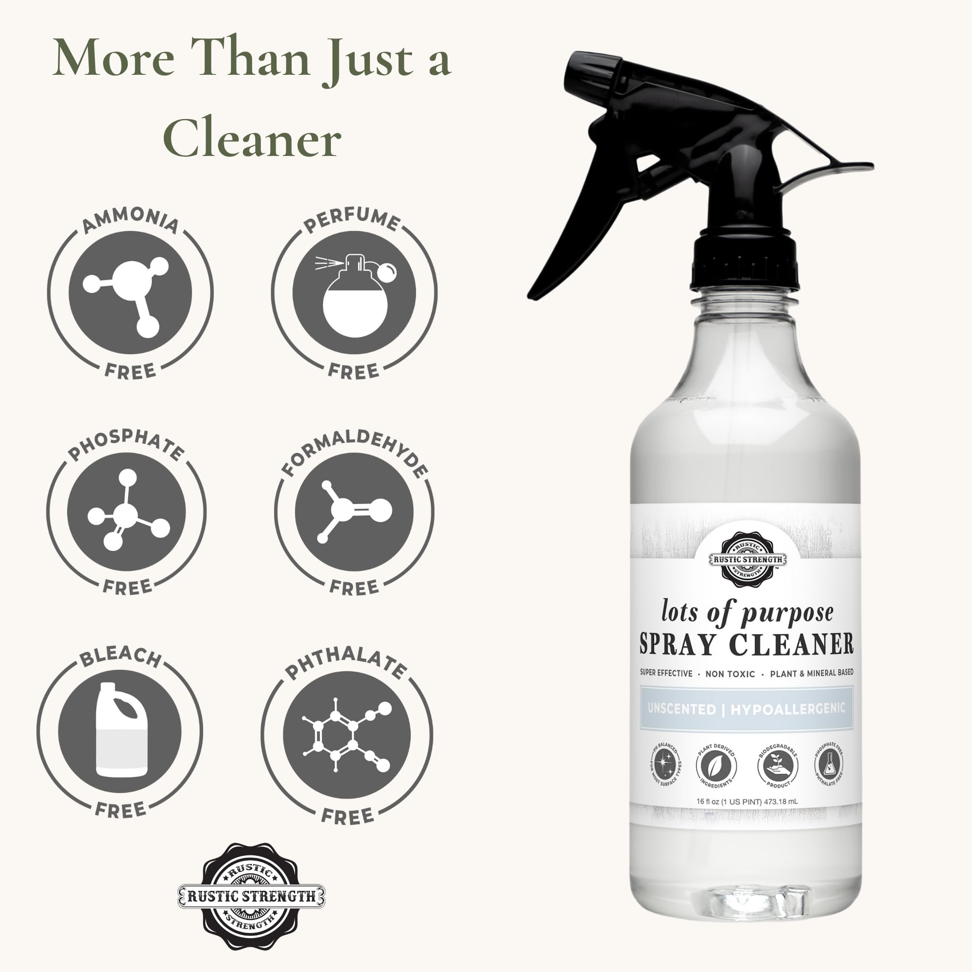 Rustic Strength Lots of Purpose Spray Cleaner, Unscented, Multi-Surface, pH Balanced, Non-Toxic, Biodegradable, 16 oz