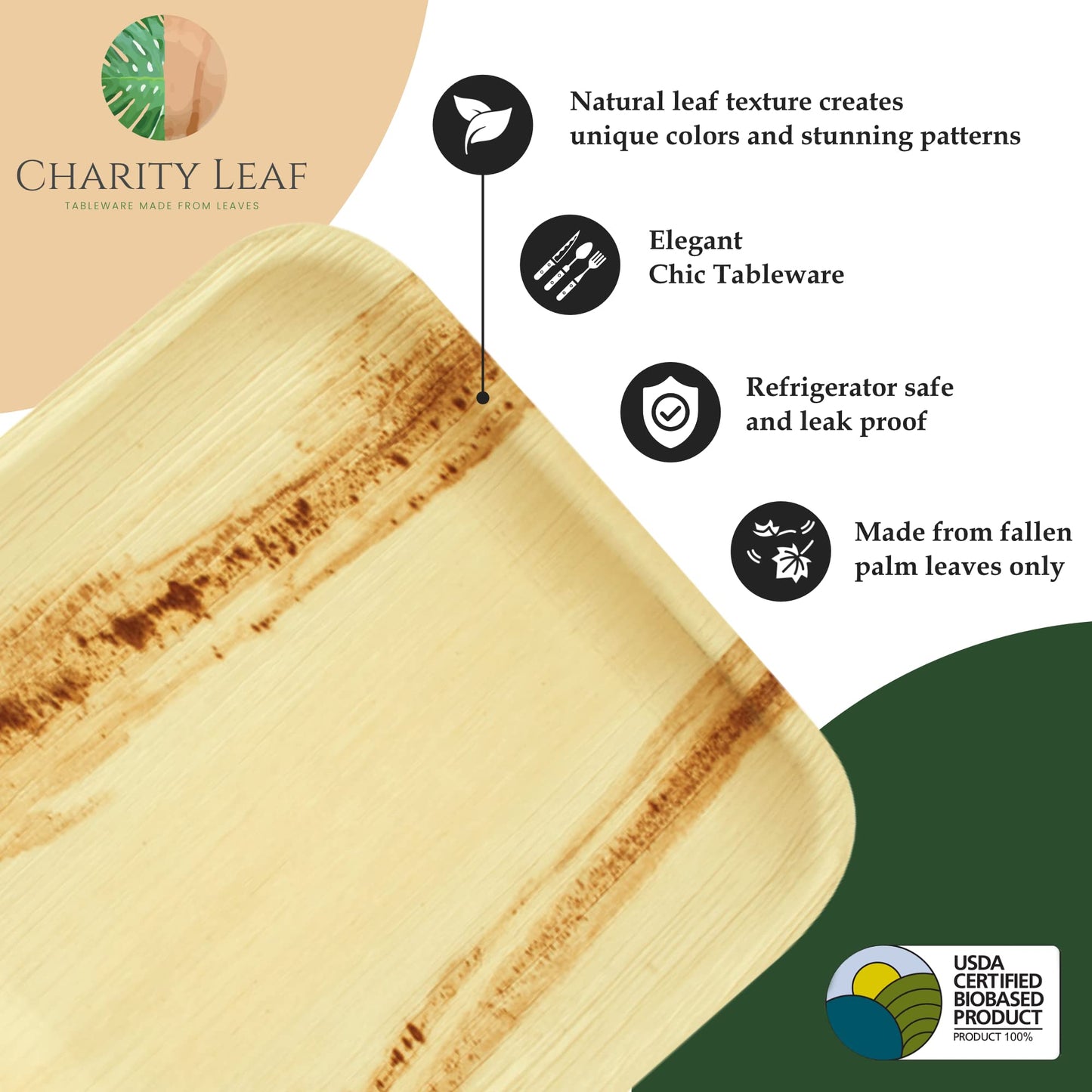 Charity Leaf Disposable Palm Leaf 11" Square Plates (25 pieces) Bamboo Like Serving Platters, Disposable Boards, Eco-Friendly Dinnerware For Weddings
