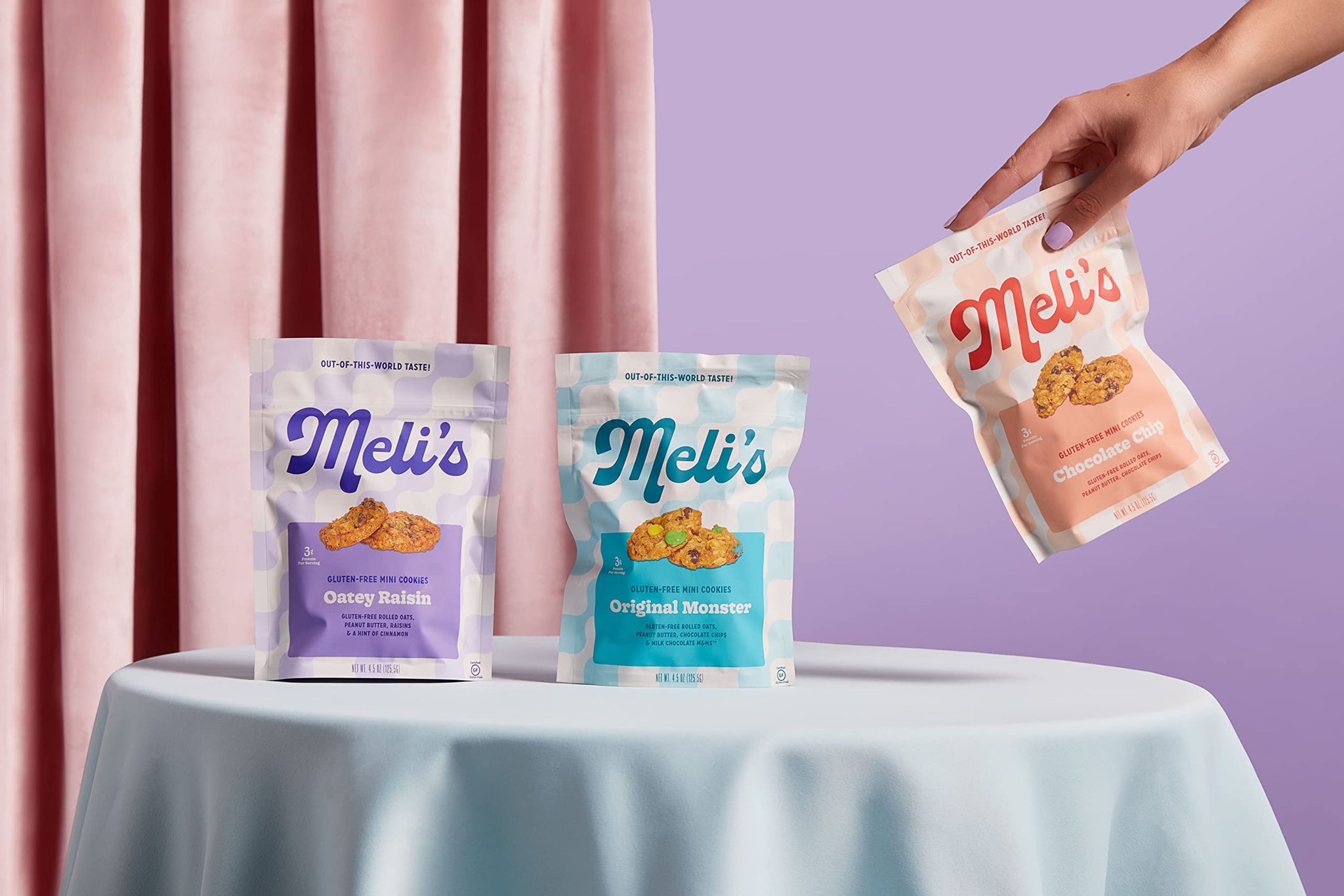 Meli’s Mini Cookies Variety Pack - Original Monster, Chocolate Chip & Oatey Raisin - Gluten Free Snacks, Plant Based Gourmet Cookies w/Candy Chocolate