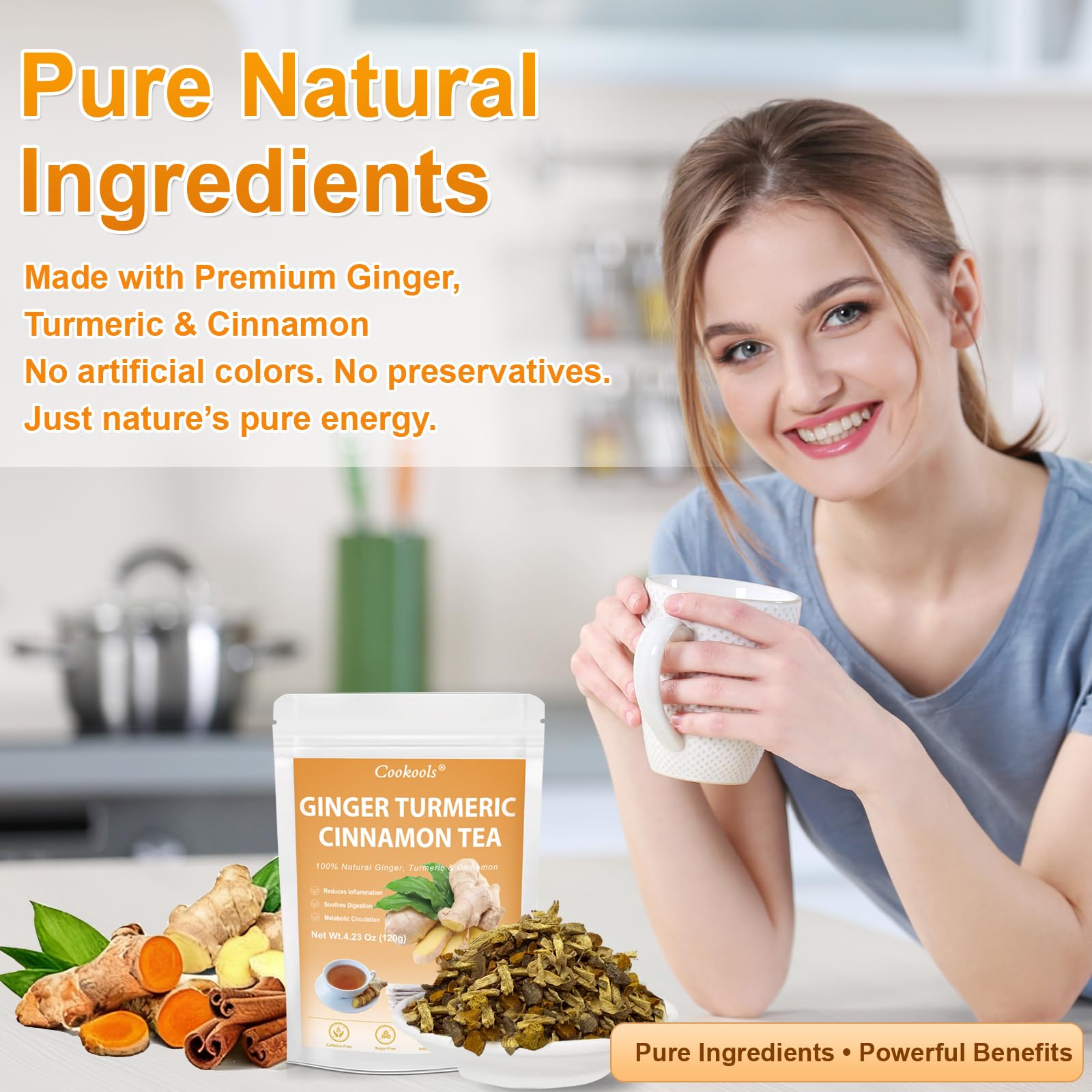Ginger Turmeric Tea 2g x 60 Teabags | 100% Golden Blend for Wellness | Powerful Antioxidant & Natural Digestion Metabolism Support | Warming