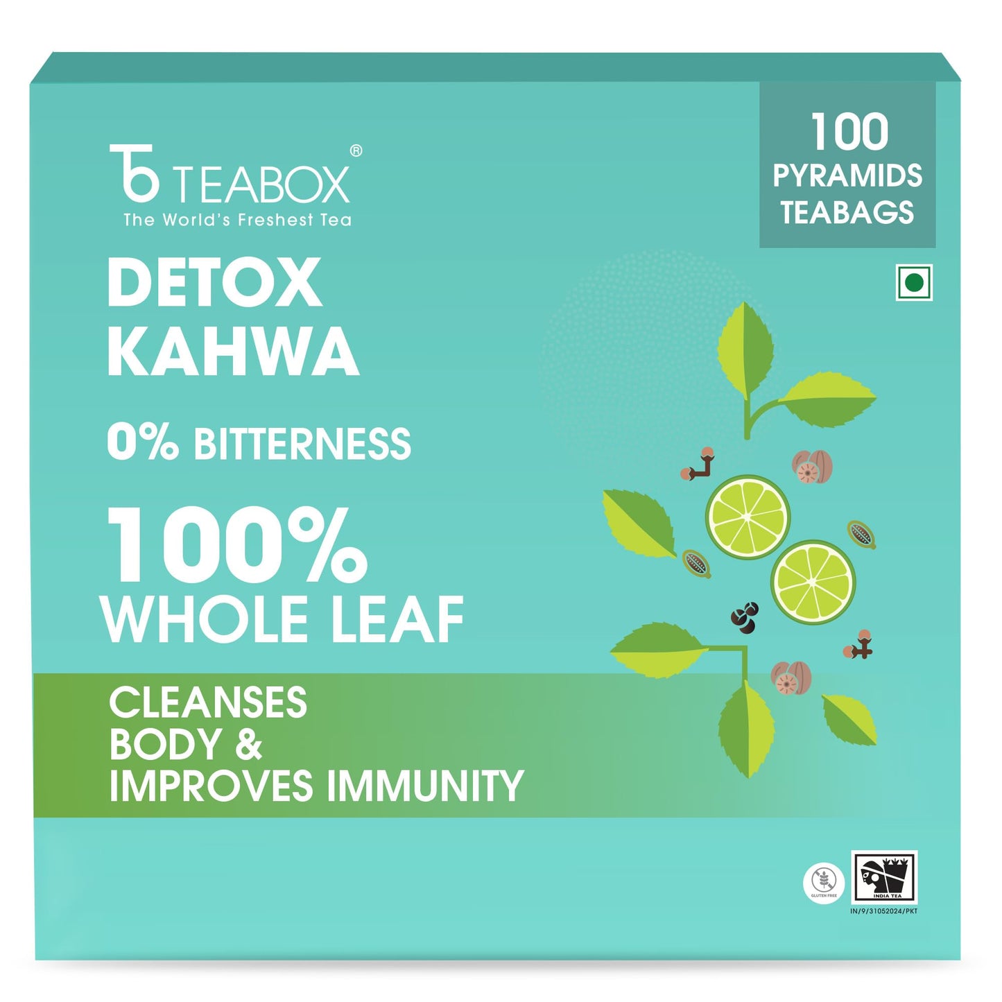 Teabox Detox Kahwa Green Tea Bags 100 pcs | For Natural Body Cleanse & Cold Relief | Made with 100% Indian Herbs & Spices