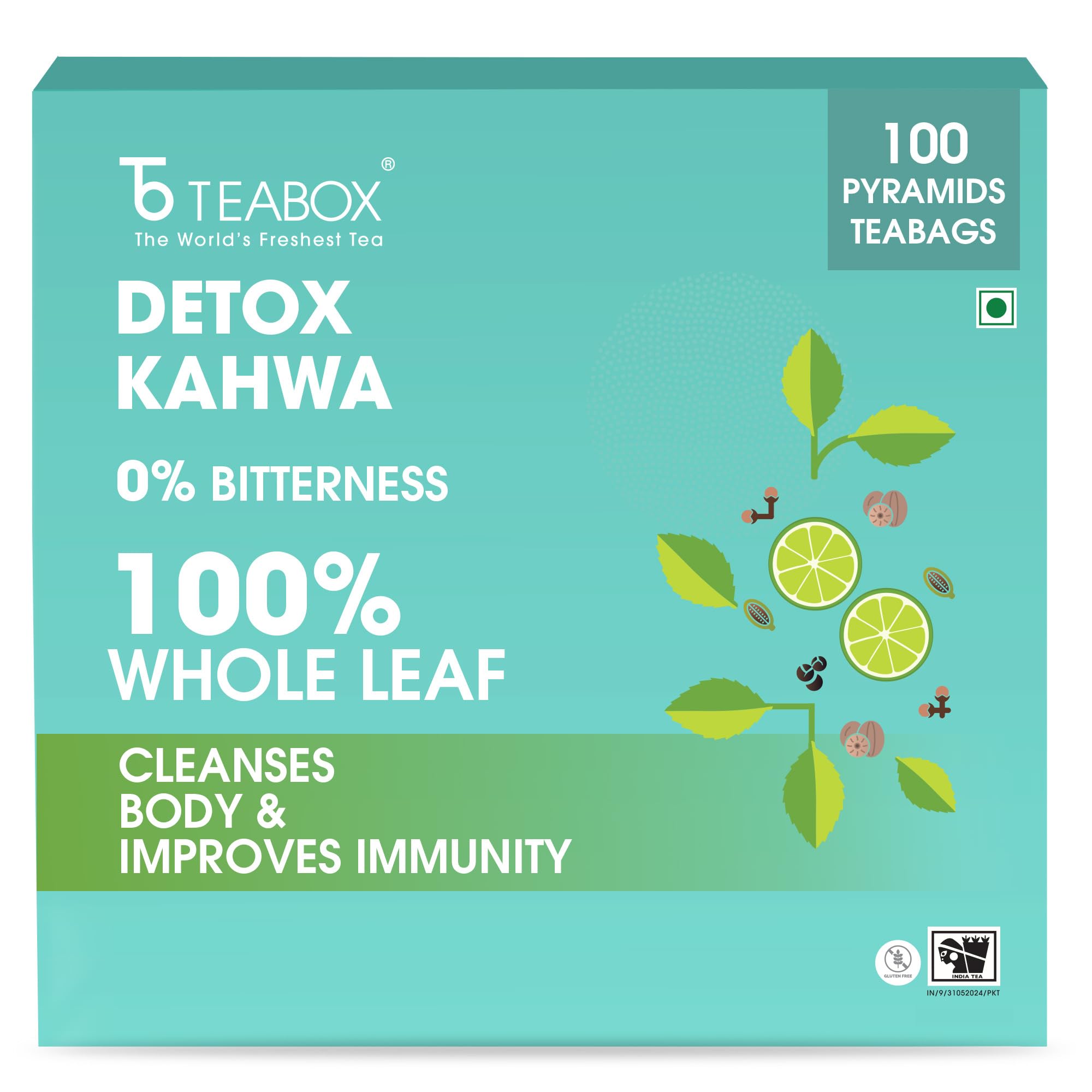 Teabox Detox Kahwa Green Tea Bags 100 pcs | For Natural Body Cleanse & Cold Relief | Made with 100% Indian Herbs & Spices
