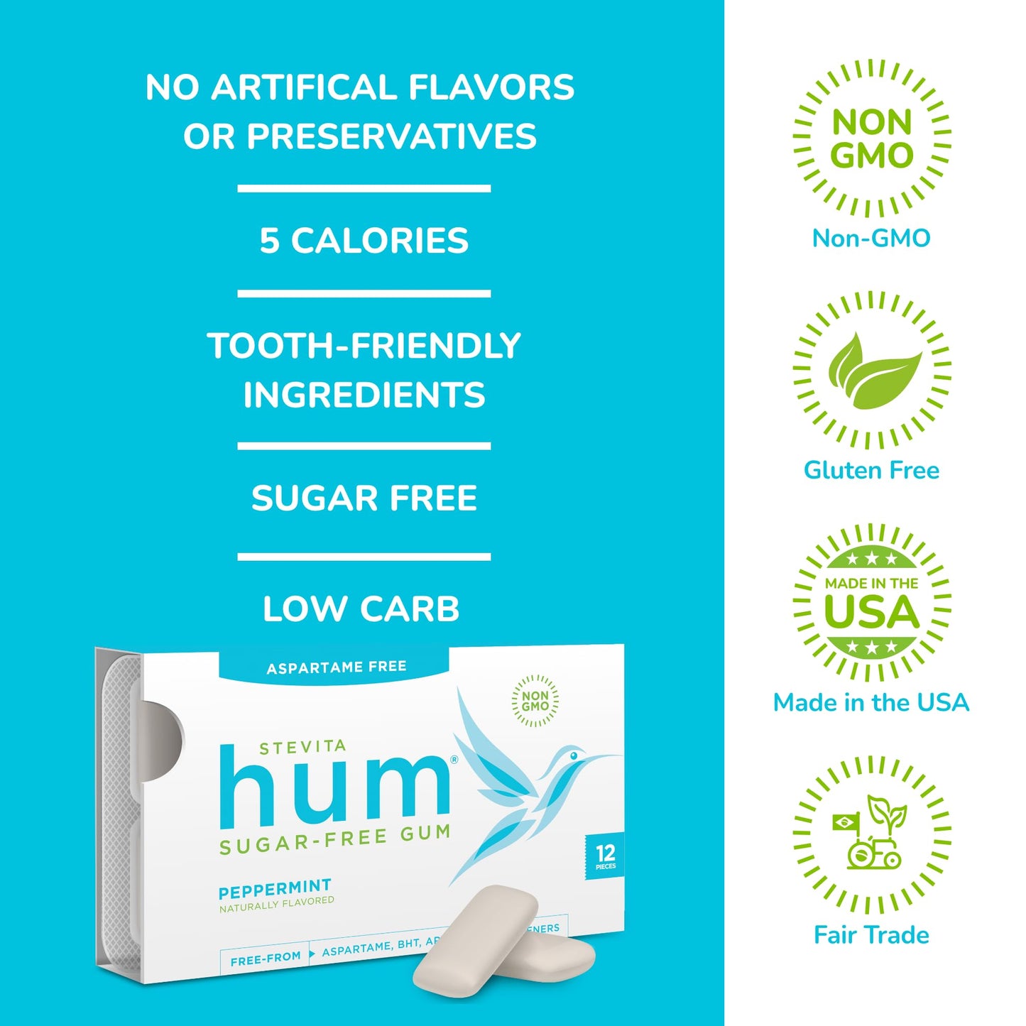 Stevita Hum, Peppermint - Sugar-Free Gum - 12 Pieces, Pack of 12 - Supports Oral Health - Non-GMO, Vegetarian, Keto, Gluten Free (Package may vary)