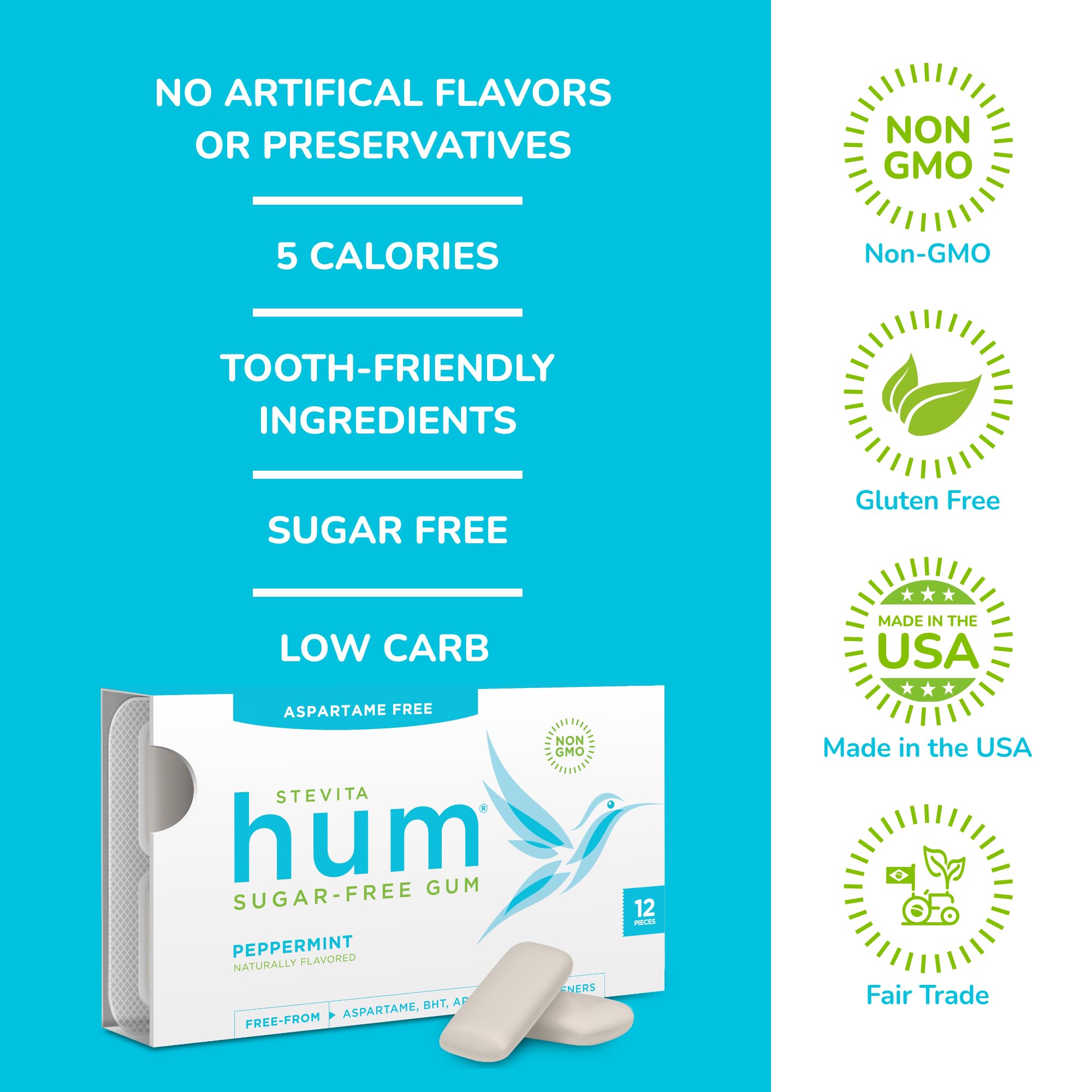 Stevita Hum, Peppermint - Sugar-Free Gum - 12 Pieces, Pack of 12 - Supports Oral Health - Non-GMO, Vegetarian, Keto, Gluten Free (Package may vary)