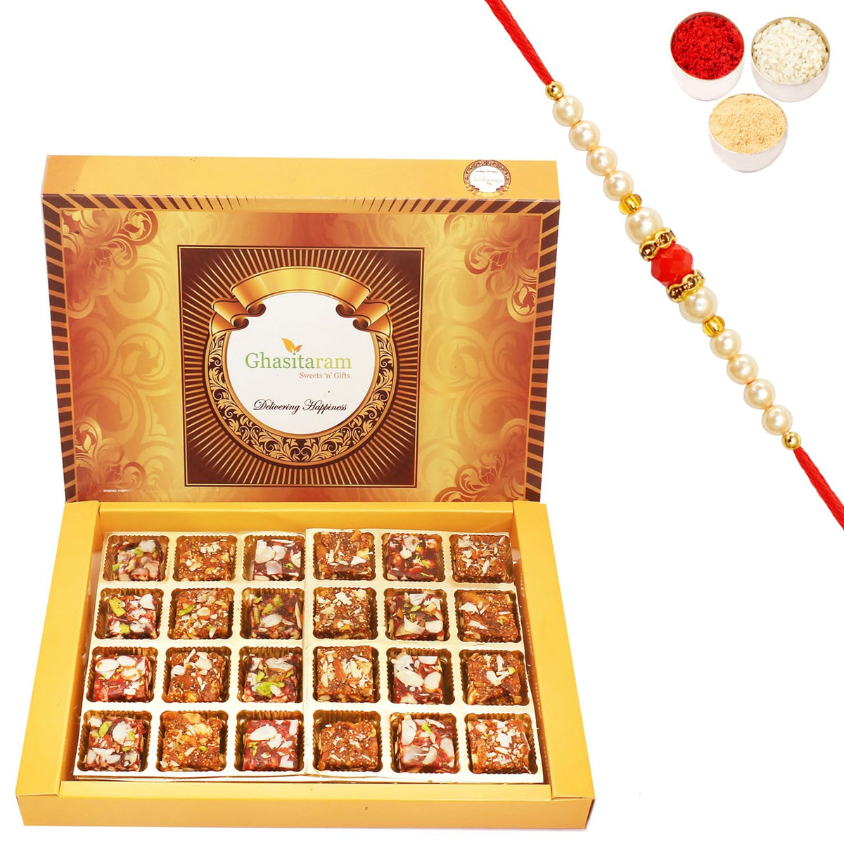 Ghasitaram Gifts Rakhi Gifts for Brothers Rakhi Gifts Sugarfree Sweets - Ghasitarams Natural Sugarfree Mix 800 GMS with Beads Rakhi