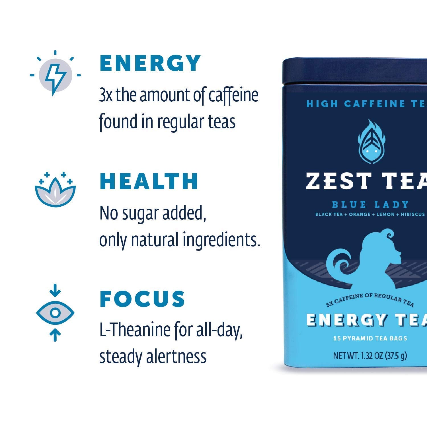 Zest Energy Tea Bags - Blue Lady Passion Fruit Black Tea - High Caffeine Tea for Morning Energy, Focus & Clarity - Natural Caffeinated Tea with 150mg