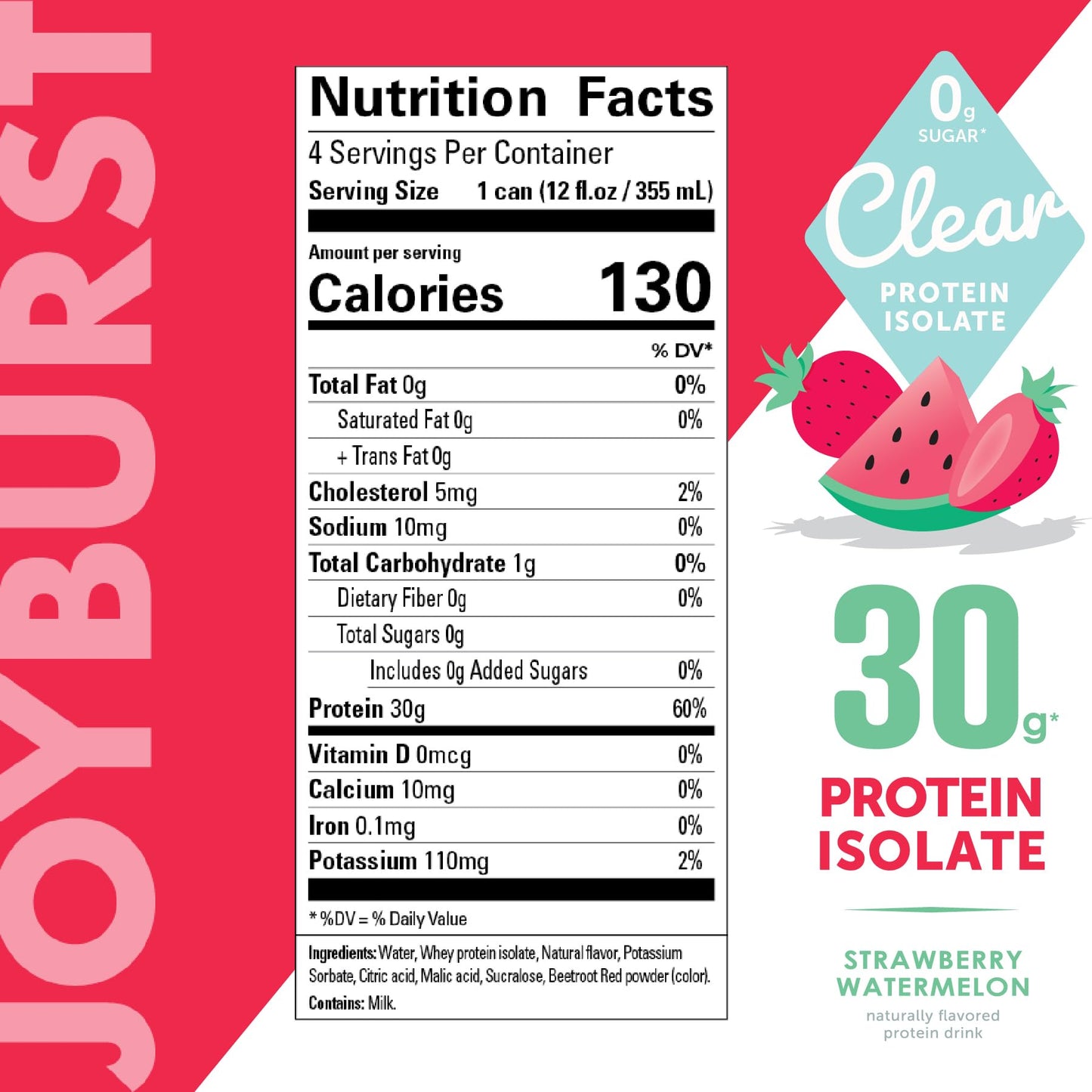 *NEW* Joyburst Clear Protein Isolate Beverage - Strawberry Watermelon Flavour, 30g of Protein, 0g of Sugar (4 count)