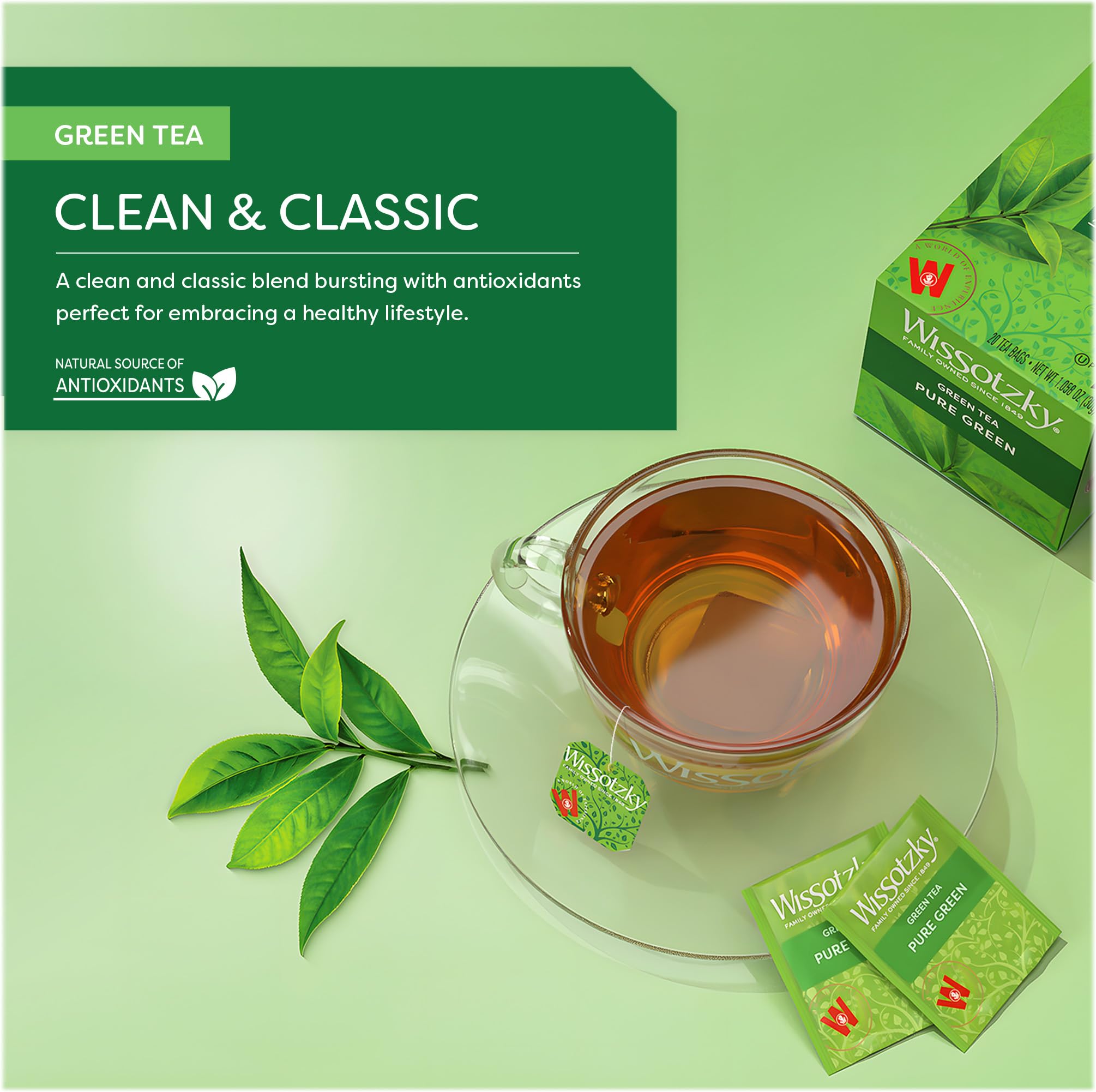 Wissotzky Pure Green Tea, 20 Tea Bags | Antioxidant Rich | Real Green Tea