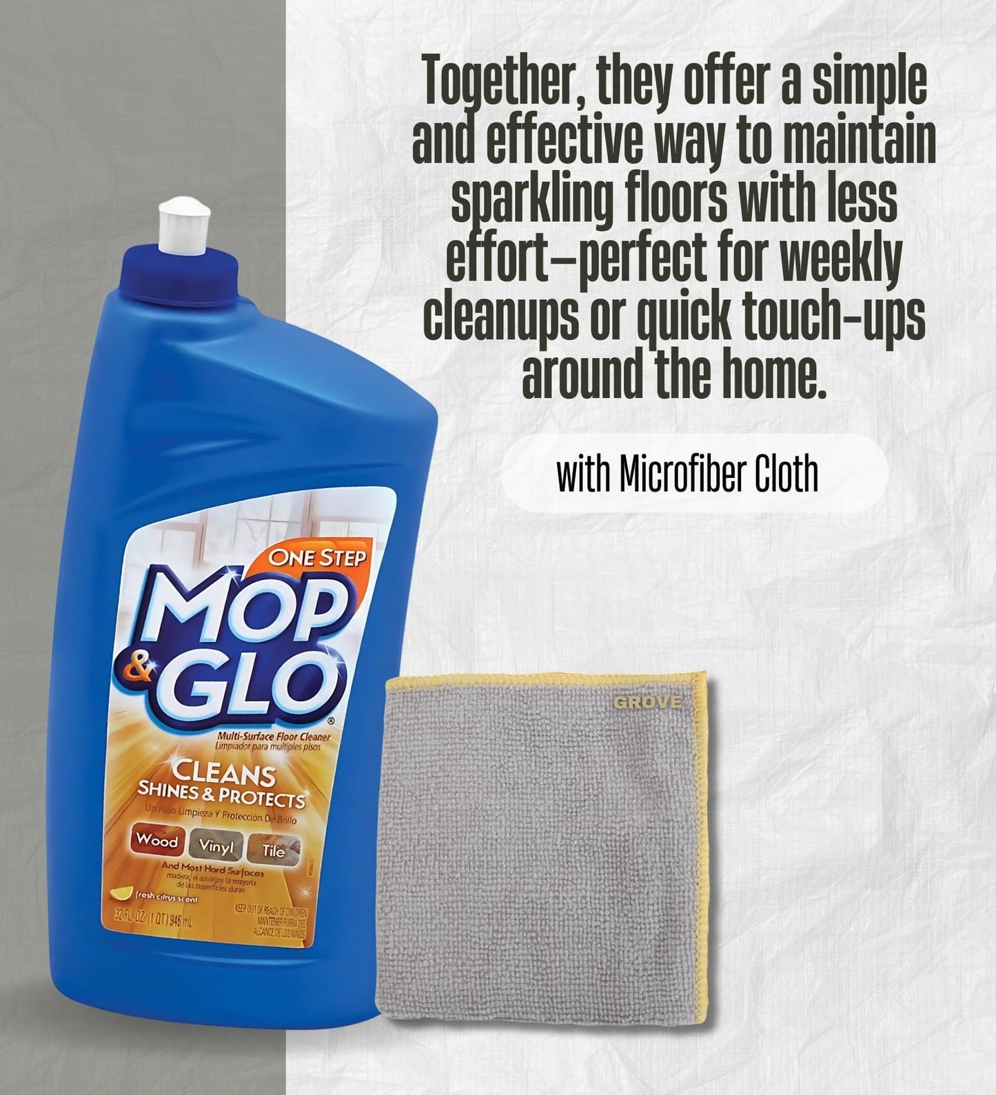 Mop & Glo Citrus Scent Floor Cleaner Liquid 32 oz Bundle with Microfiber Cloth - Citrus Scented Floor Cleaner for Wood and Hard Floors - Gift Set (2