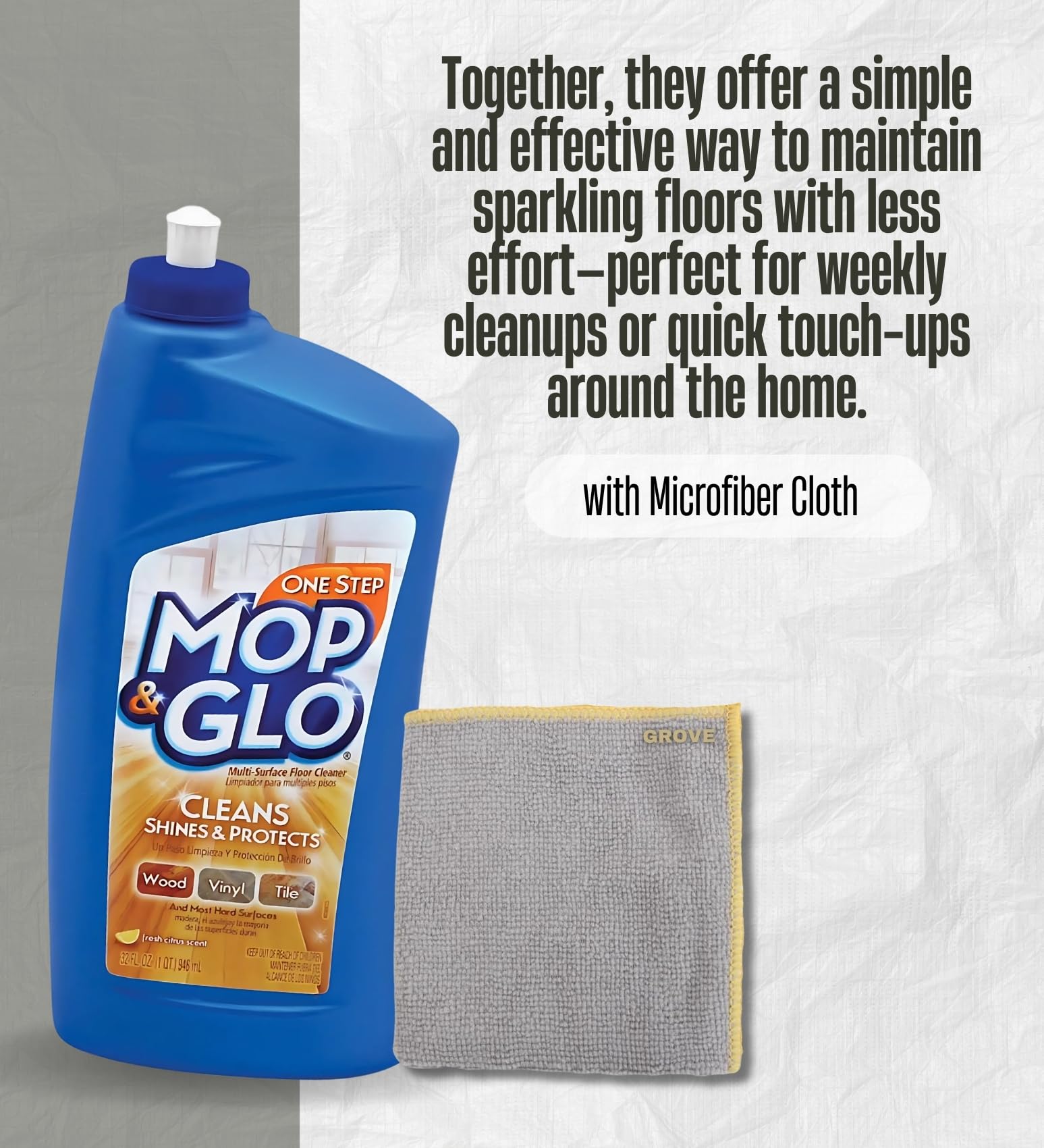 Mop & Glo Citrus Scent Floor Cleaner Liquid 32 oz Bundle with Microfiber Cloth - Citrus Scented Floor Cleaner for Wood and Hard Floors - Gift Set (2
