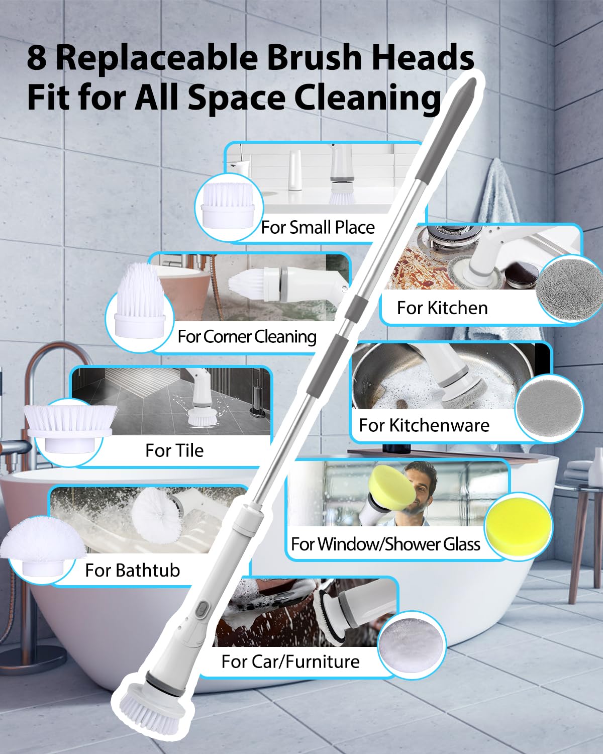 UBeesize Electric Spin Scrubber,Long Cordless Cleaning Brush,Rotatable Shower Scrubber with 8 Replaceable Heads,Adjustable Detachable Handle Bathroom