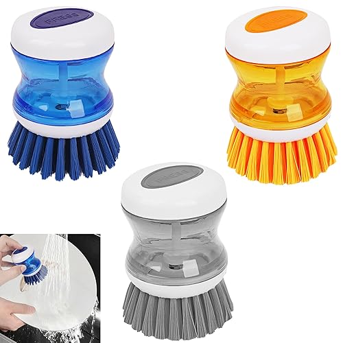 JANKOW Dish Scrubber with Soap Dispenser, 3 Pack Soap Dispensing Palm Brush for Kitchen Sink Pot Pan, Color Coded Dishwashing Scrub Brush Set (Gray
