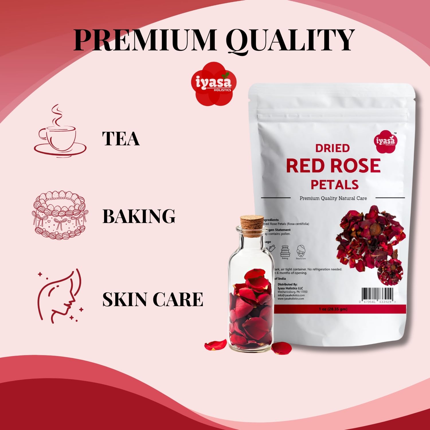 Iyasa Holistics Dried Rose Petals 1 oz - Food Grade Dried Rose Petals for Tea, Soap Making, Cocktails, Baking, Skincare & DIY - Chemical Free Edible