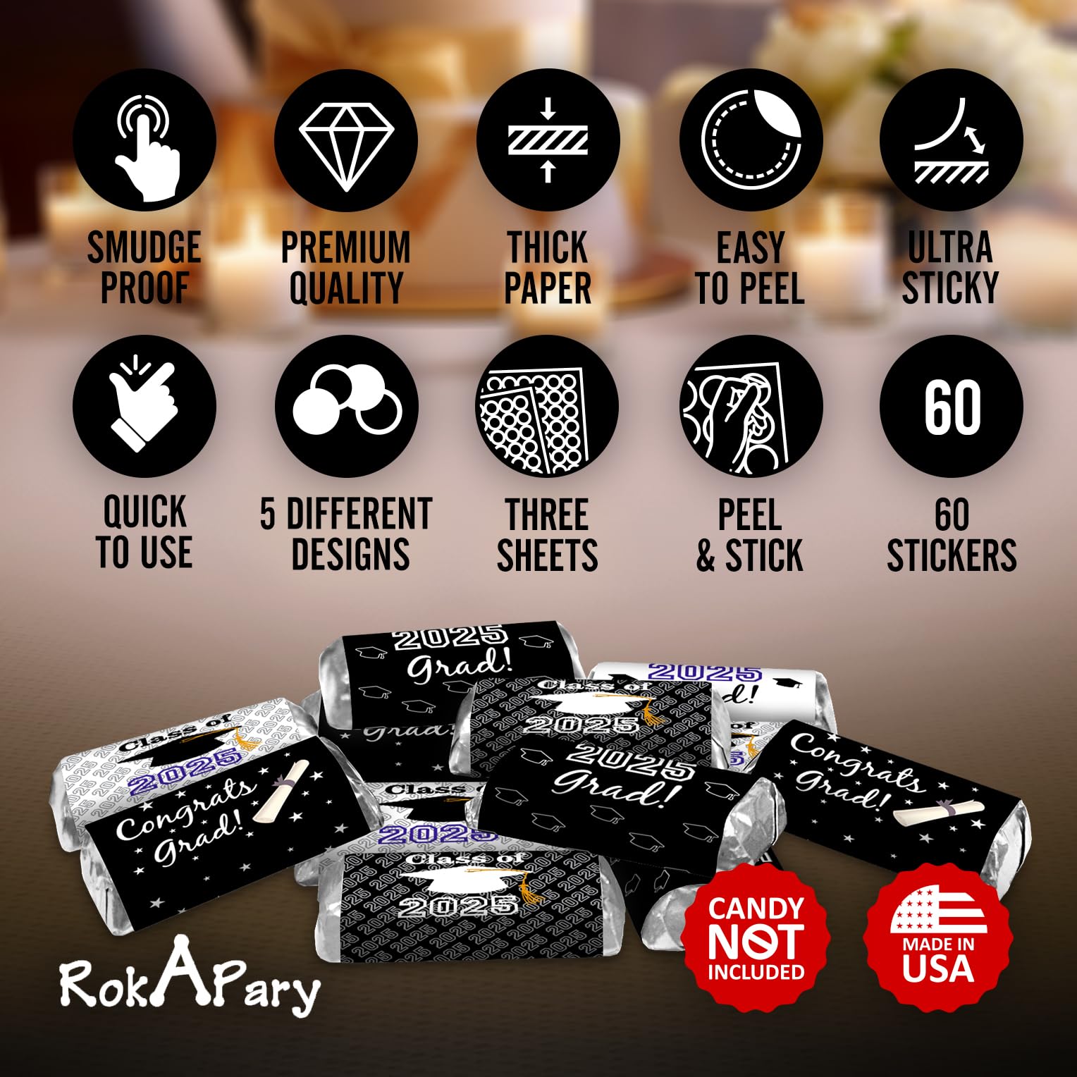 60 New Graduation Cap Party Class of 2026 Miniatures Candy Bar Wrapper, Mini Candy Chocolate Bar Stickers, Labels, Candy Not Included, Color Black