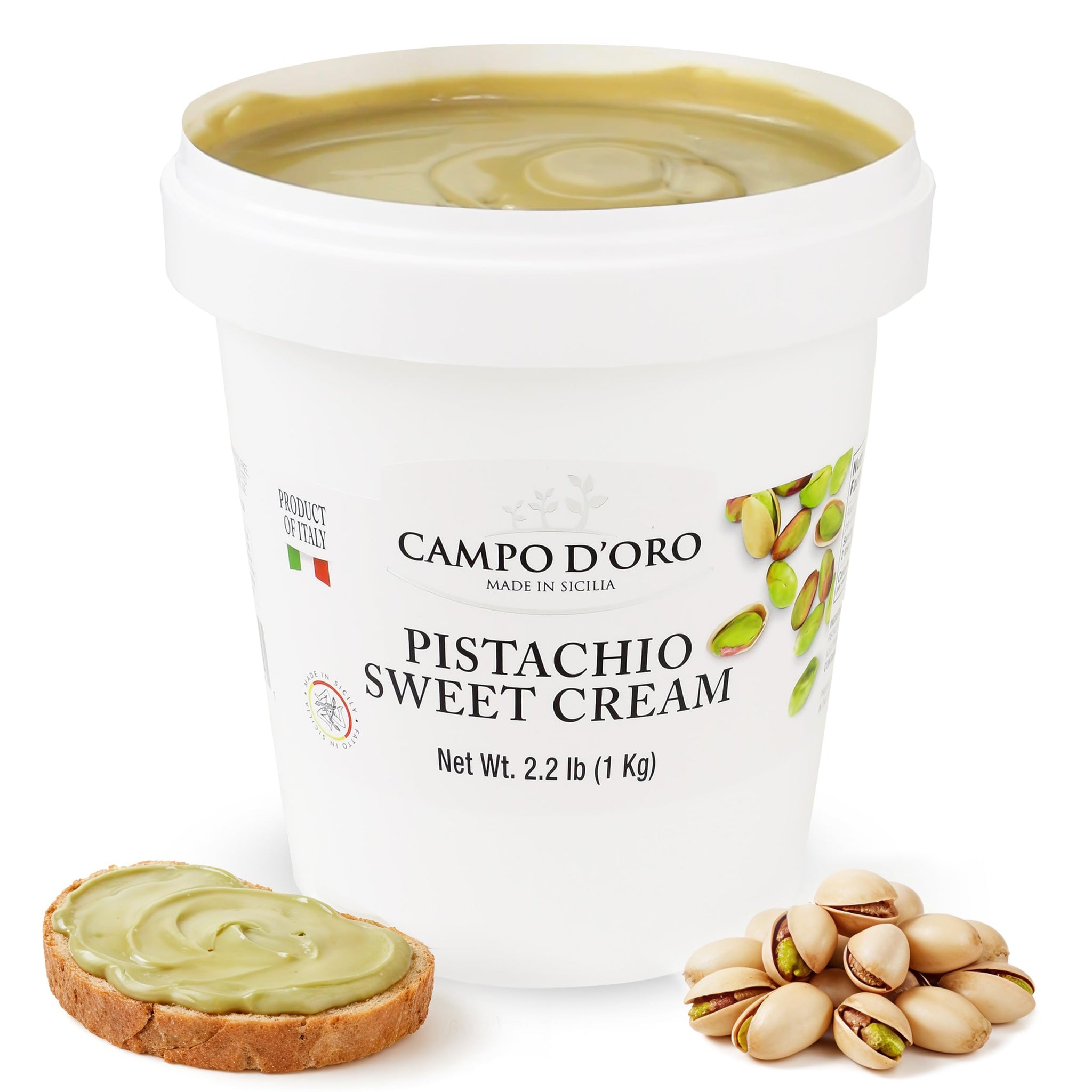 CAMPO D'ORO Sicilian Pistachio Sweet Cream Spread, 22% Pistachios, Rich and Nutty Butter, 2.2 lbs (1 kg), Product of Sicily Italy