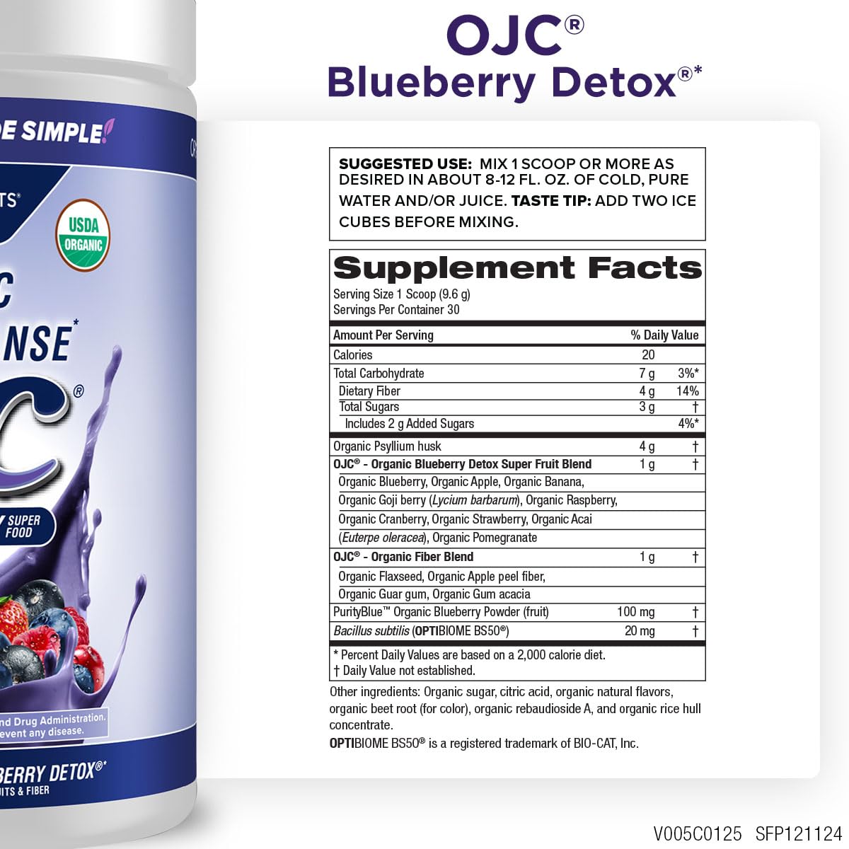 Purity Products OJC Blueberry Detox - Certified Organic Juice Cleanse Bloat + Gas Relief- Ft. OptiBiome Probiotics, Organic Super Fruits + 4 Grams