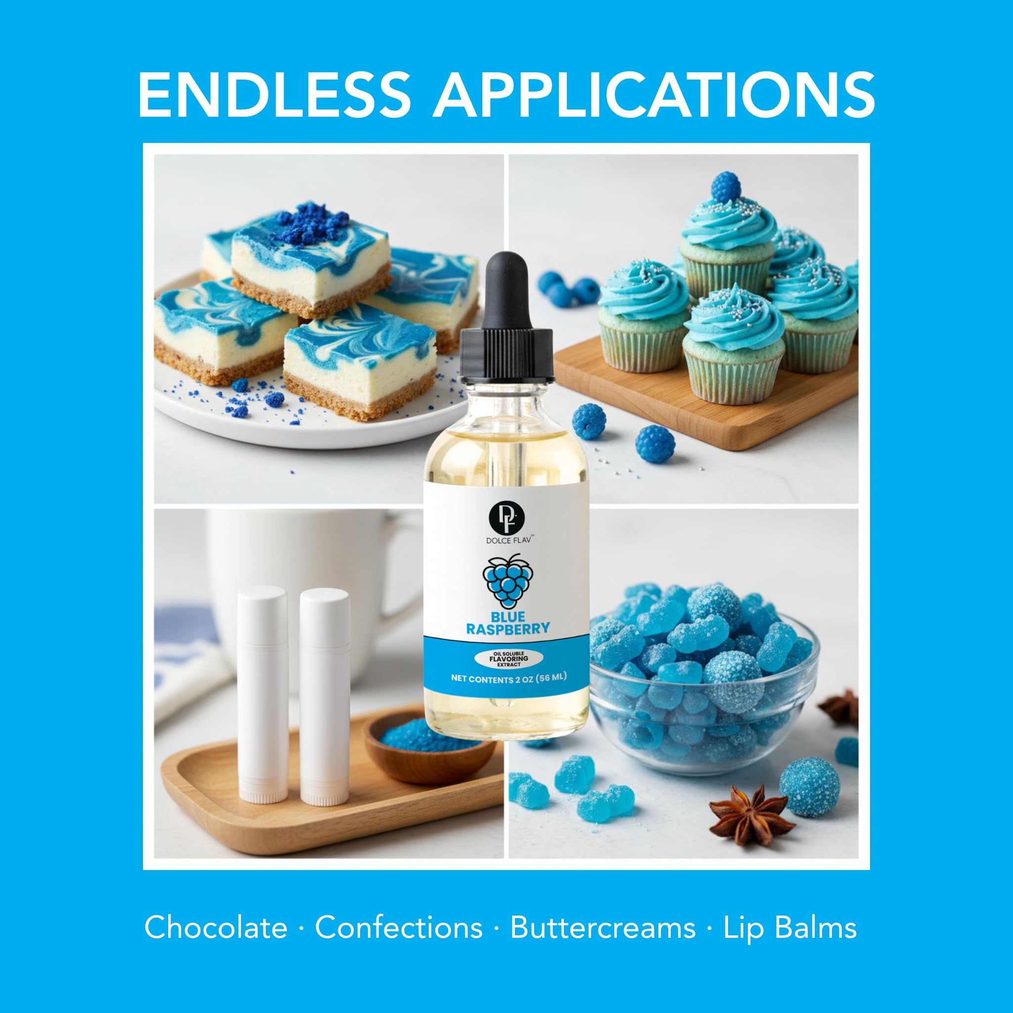 Dolce Flav Blue Raspberry Extract - 2 Ounce Oil-Soluble Kosher, Sugar-Free, Concentrated Blue Raspberry Flavoring for Baking, Chocolates & Desserts