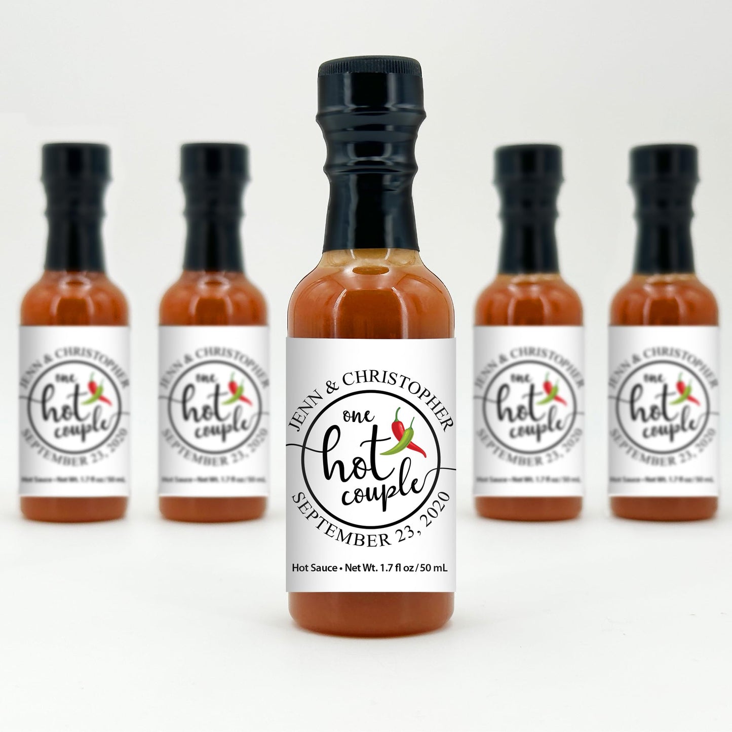 Best Day Ever Spot One Hot Couple Sauce Gifts, Mini Bottles, Wedding Favors, Custom, Labels, Personalized - 1.7oz (Set of 12)
