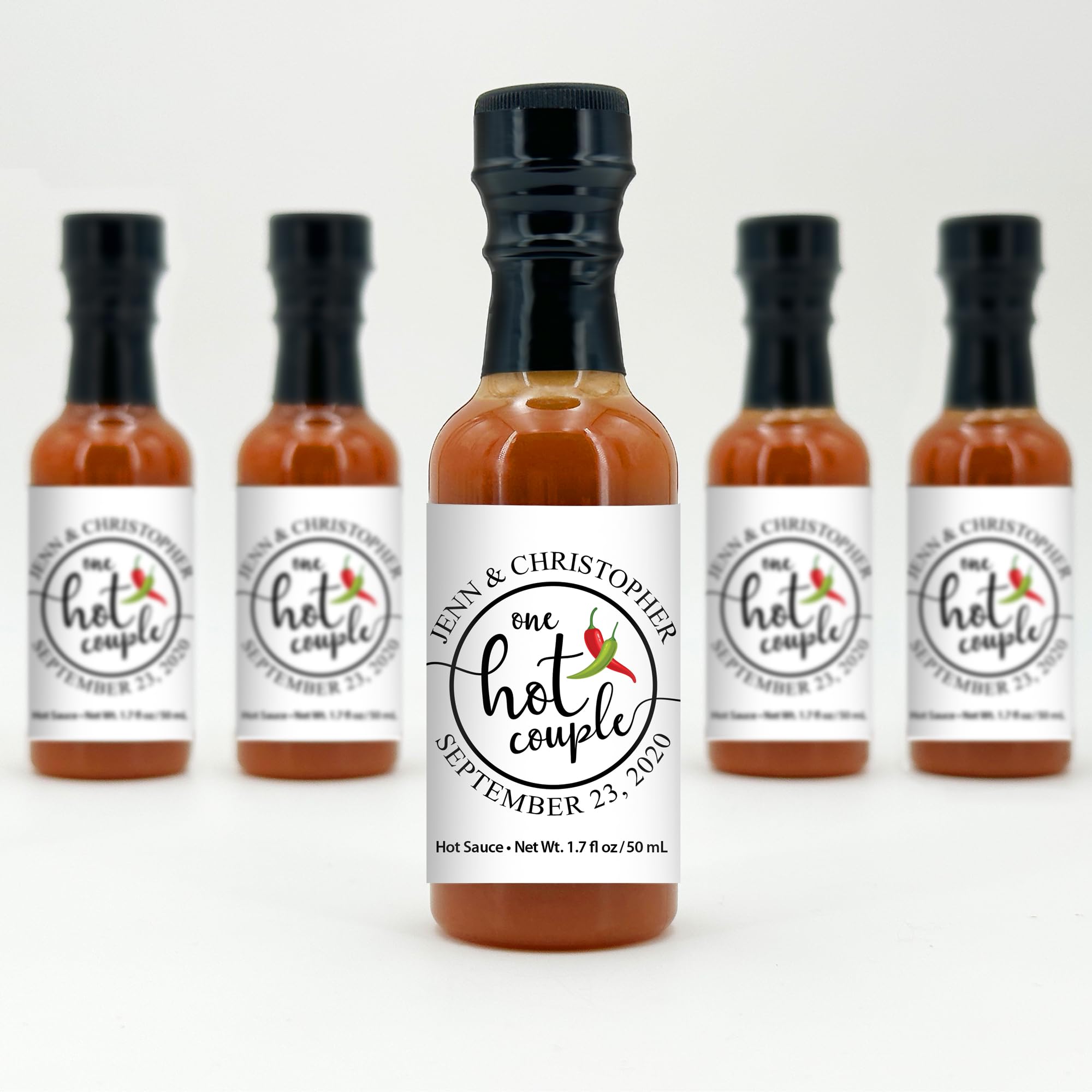 Best Day Ever Spot One Hot Couple Sauce Gifts, Mini Bottles, Wedding Favors, Custom, Labels, Personalized - 1.7oz (Set of 12)