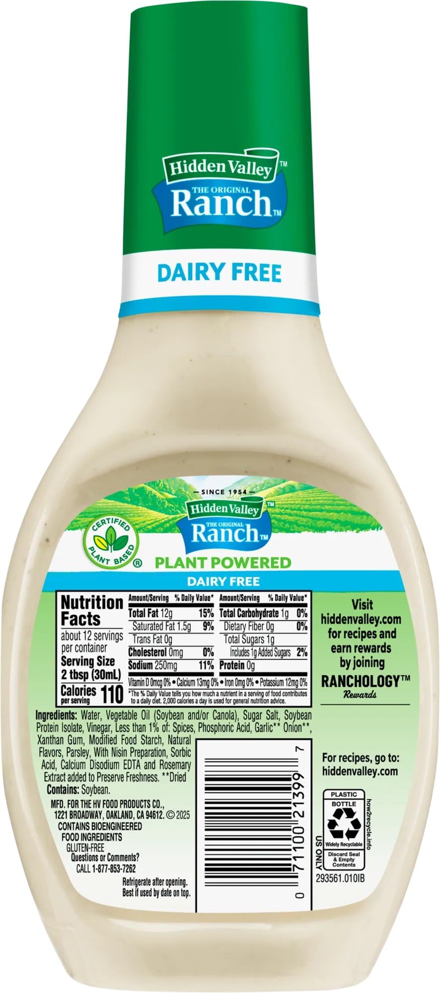 Hidden Valley The Original Ranch Plant Powered Dairy Free Ranch Salad Dressing and Topping, 12 Fluid Ounces (Package May Vary)