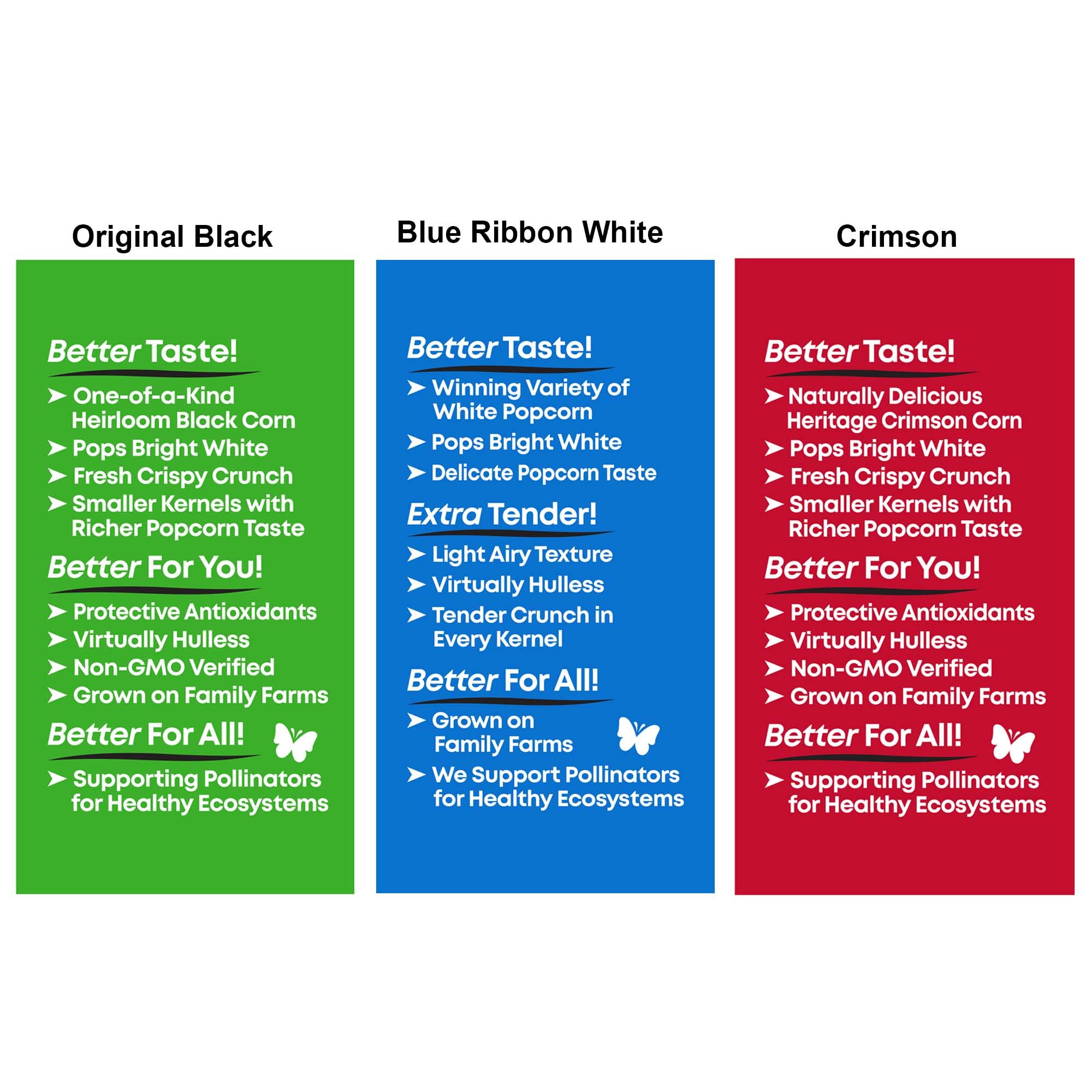 Black Jewell Gourmet Popcorn Kernels, Variety Pack with Original Black, Blue Ribbon White, and Crimson (Pack of 3)