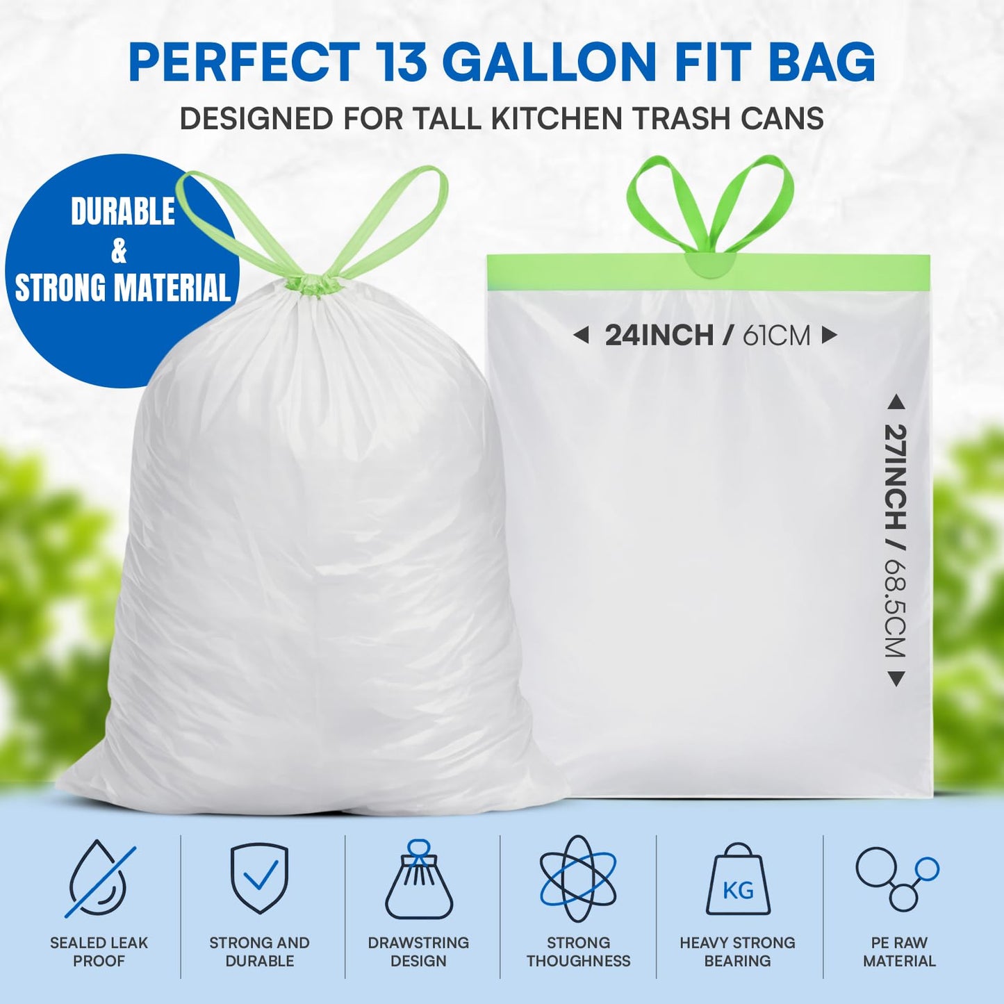 13 Gallon Drawstring Trash Bags 120 Count Leakproof, Strong Durable, Pre-separated Garbage Bags | Easy Handling, Heavy-Duty, Waste Bag for House