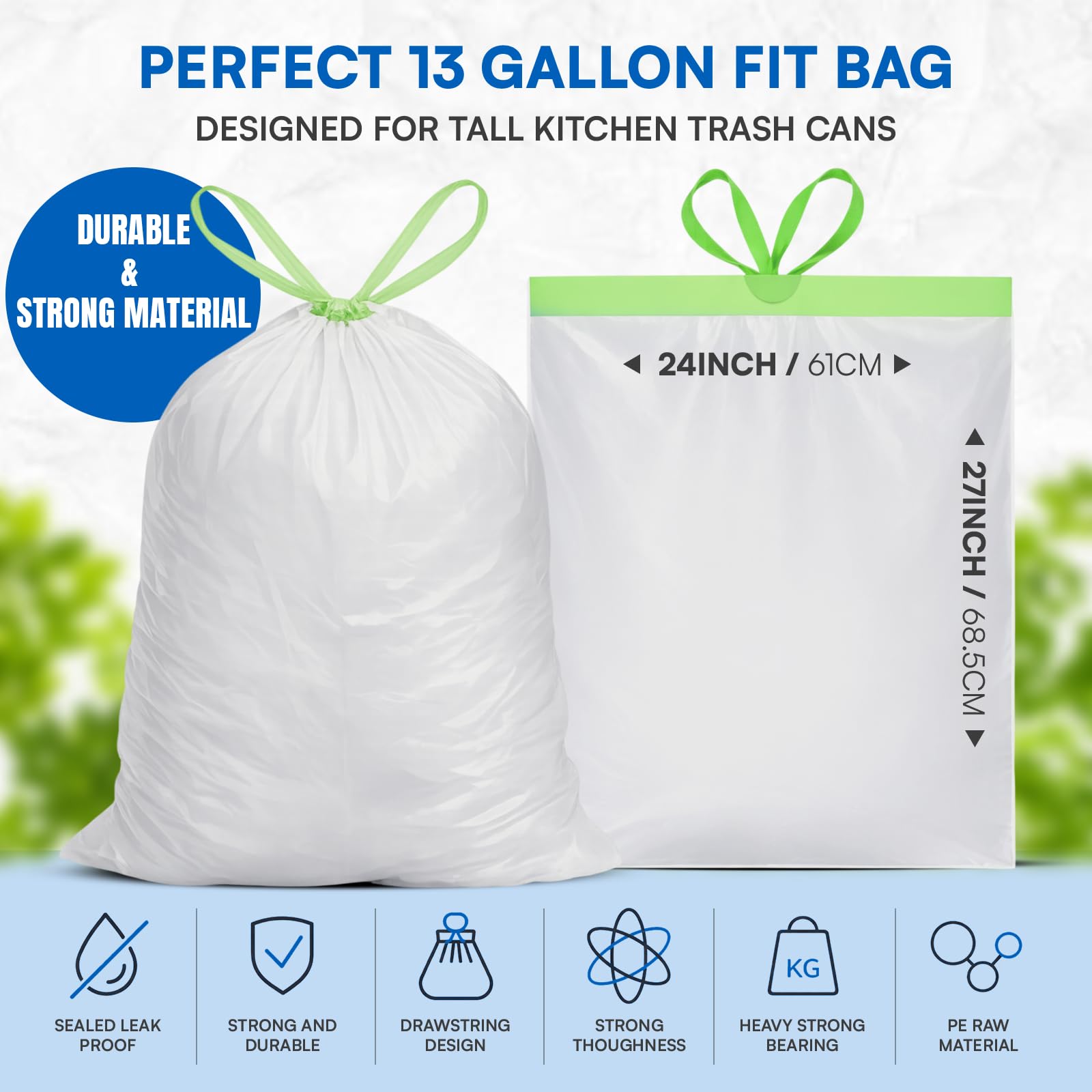 13 Gallon Drawstring Trash Bags 120 Count Leakproof, Strong Durable, Pre-separated Garbage Bags | Easy Handling, Heavy-Duty, Waste Bag for House