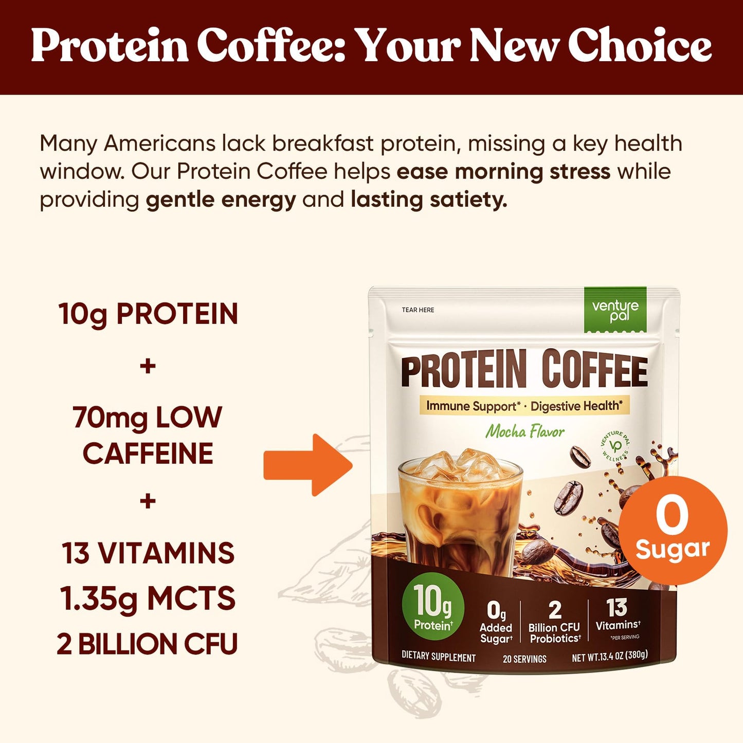 Cold Brew Mocha Iced Coffee, Instant Coffee Beverage with MCT Oil, Probiotics & Fiber, Smooth Mocha Flavor, Gentle Energy with 70mg Caffeine, Keto