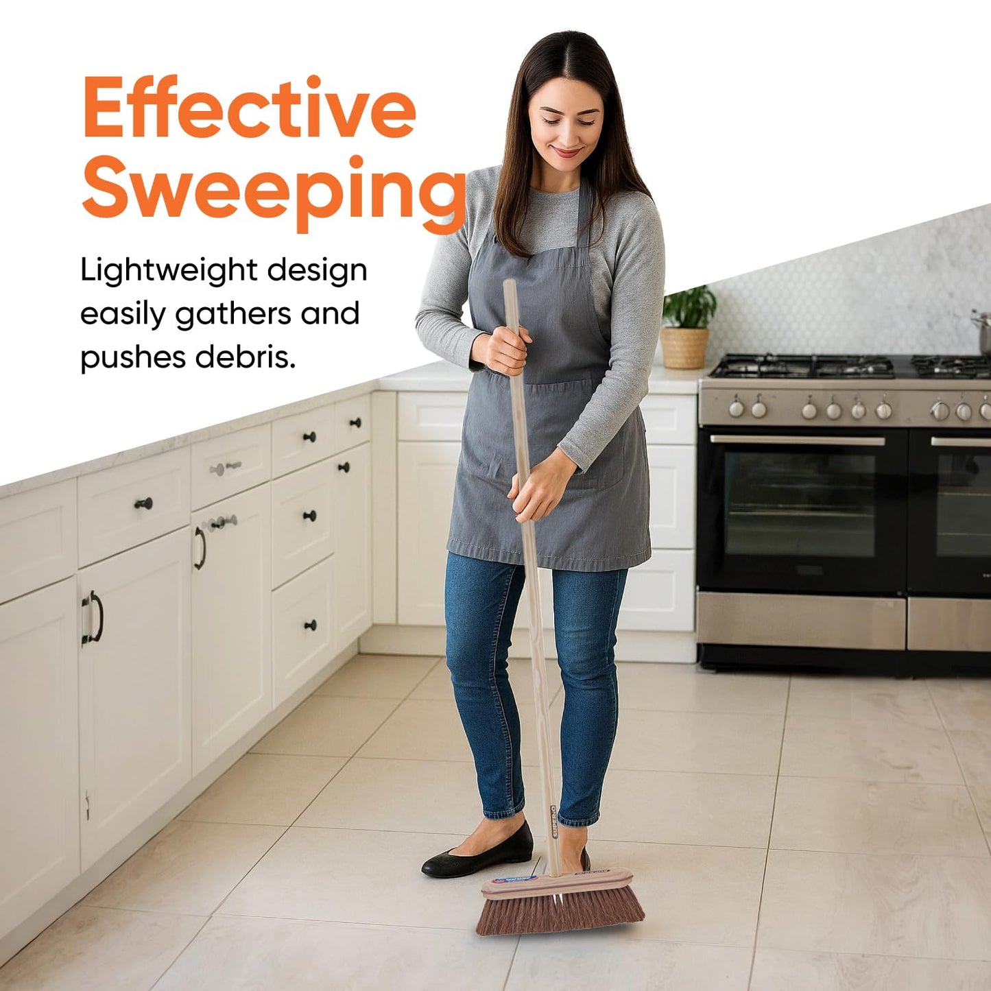 Superio Kitchen and Home Horsehair Broom With Wood Handle, Fine Premium Bristles - Heavy Duty Household Broom Easy Swiping Dust And Wisp Floors