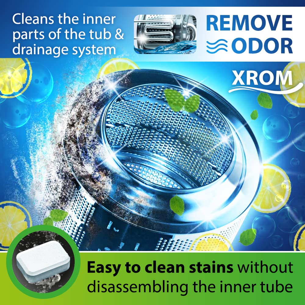 XROM Plant Based, Washer Cleaner And Descaler, Removes Odors, Limescale & Detergent Build-Up, Removes Hard Water Stains, For Front and Top Load, 6 Per