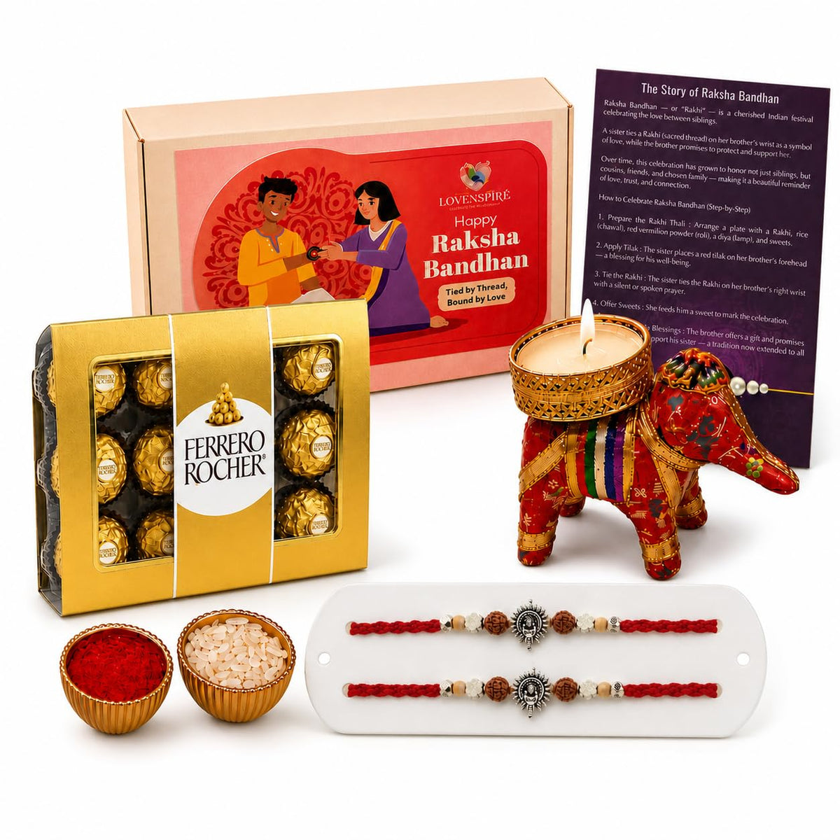 LOVENSPIRE Designer Ganesha Rakhi Gift Hamper for Brother & Bhabhi - Includes 2 Adjustable Rakhi Bracelets, Decorative Haldi Kumkum Holder