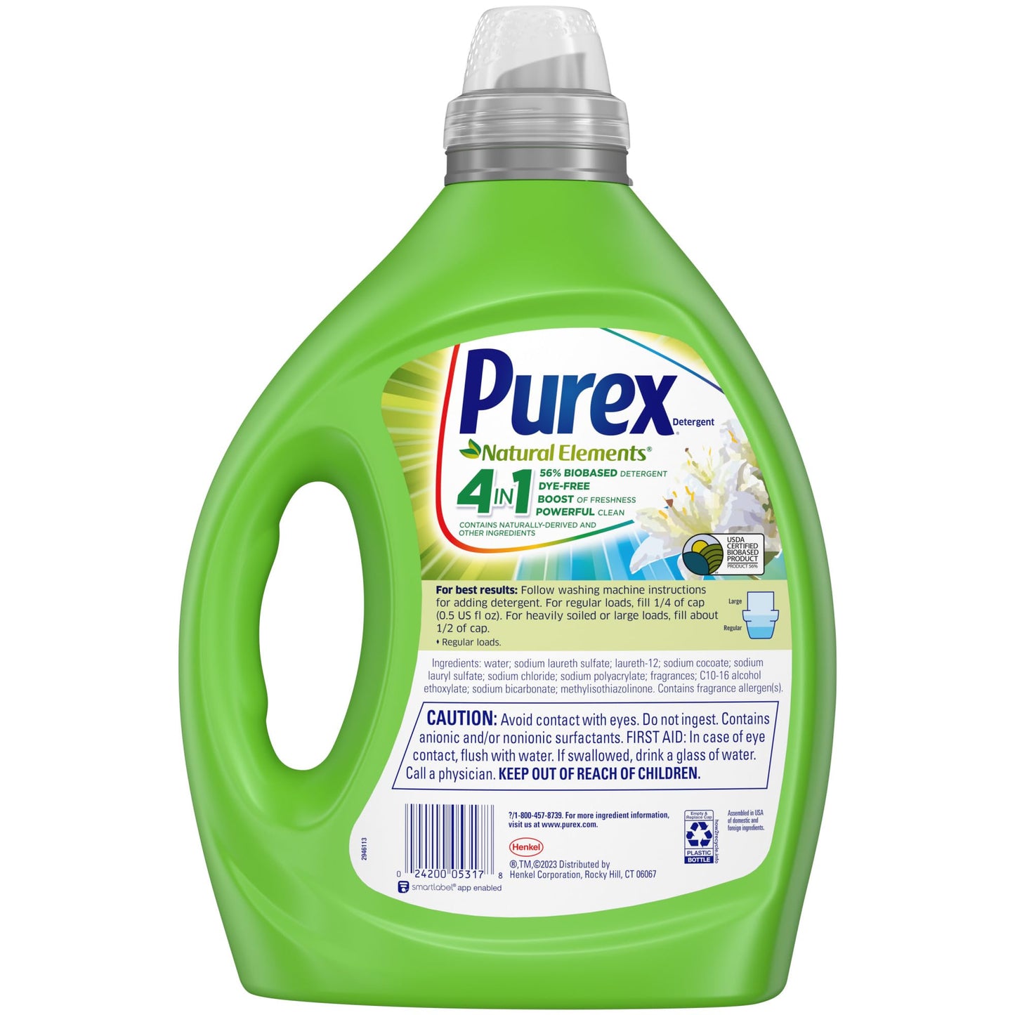 Purex Natural Elements Fresh Lilies & Linen Liquid Detergent, 82.5 oz, 165 Loads, Ultra-Concentrated, Dye-Free, USDA Certified Biobased Product