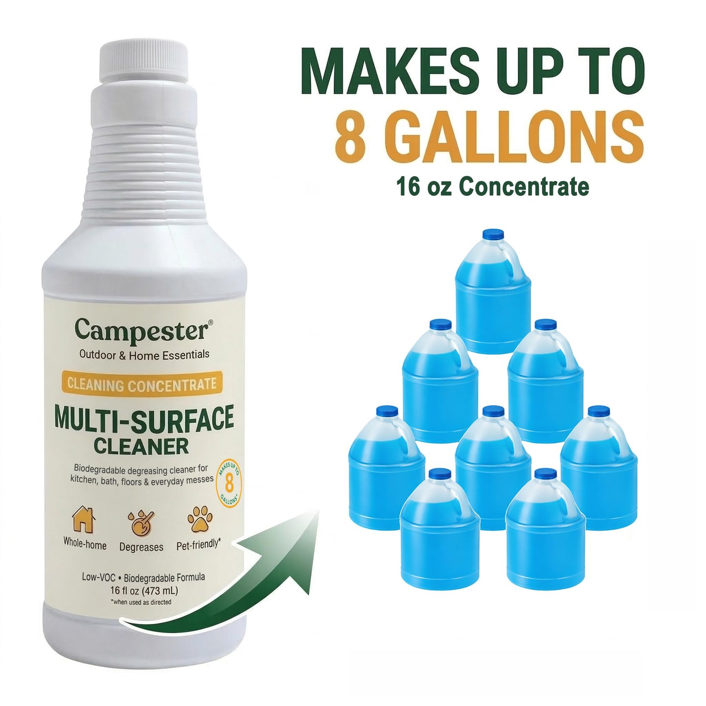 Campester Multi-Surface Cleaner Concentrate - Non-Toxic, Plant-Based All-Purpose Cleaner & Degreaser - 16 oz Makes 8 Gallons for Kitchen, Bathroom