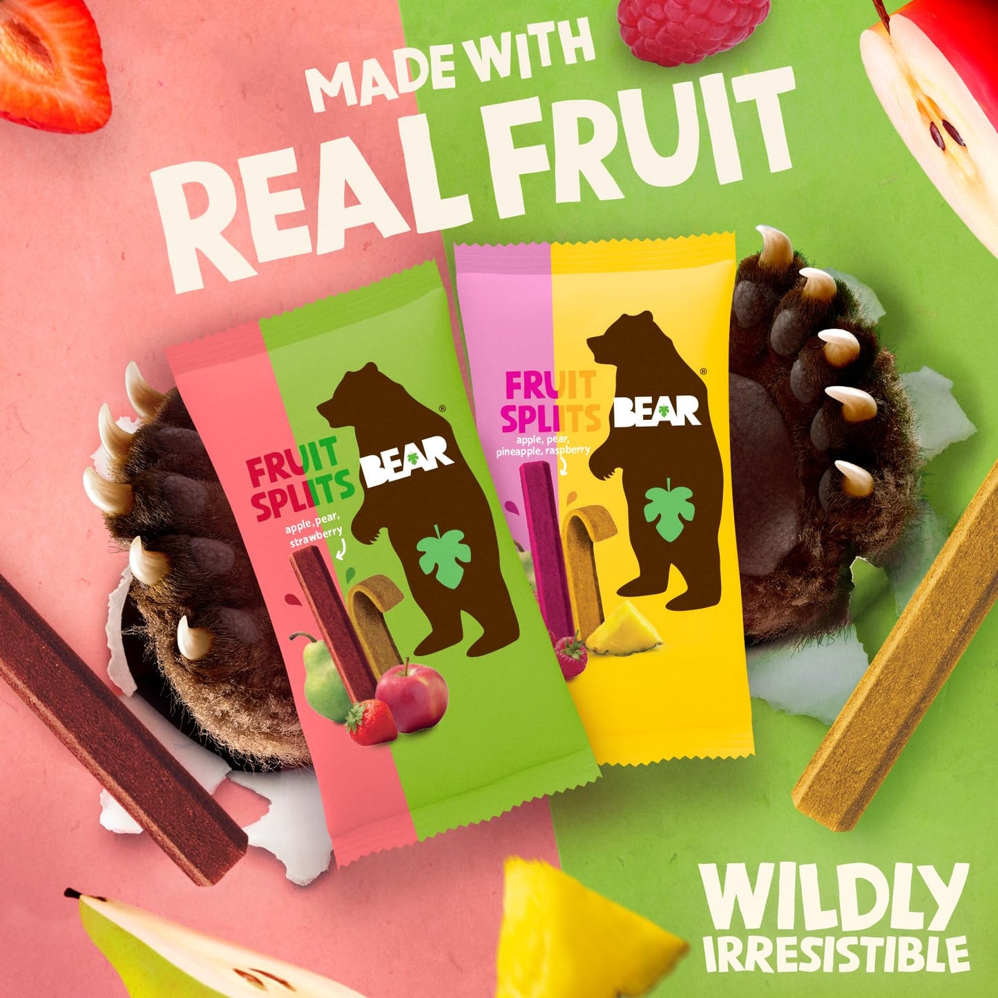 BEAR Real Fruit Snack Splits - Gluten Free, Vegan, and Non-GMO - Variety Pack (Apple/Strawberry, Raspberry/Pineapple)- Healthy School And Lunch Snacks