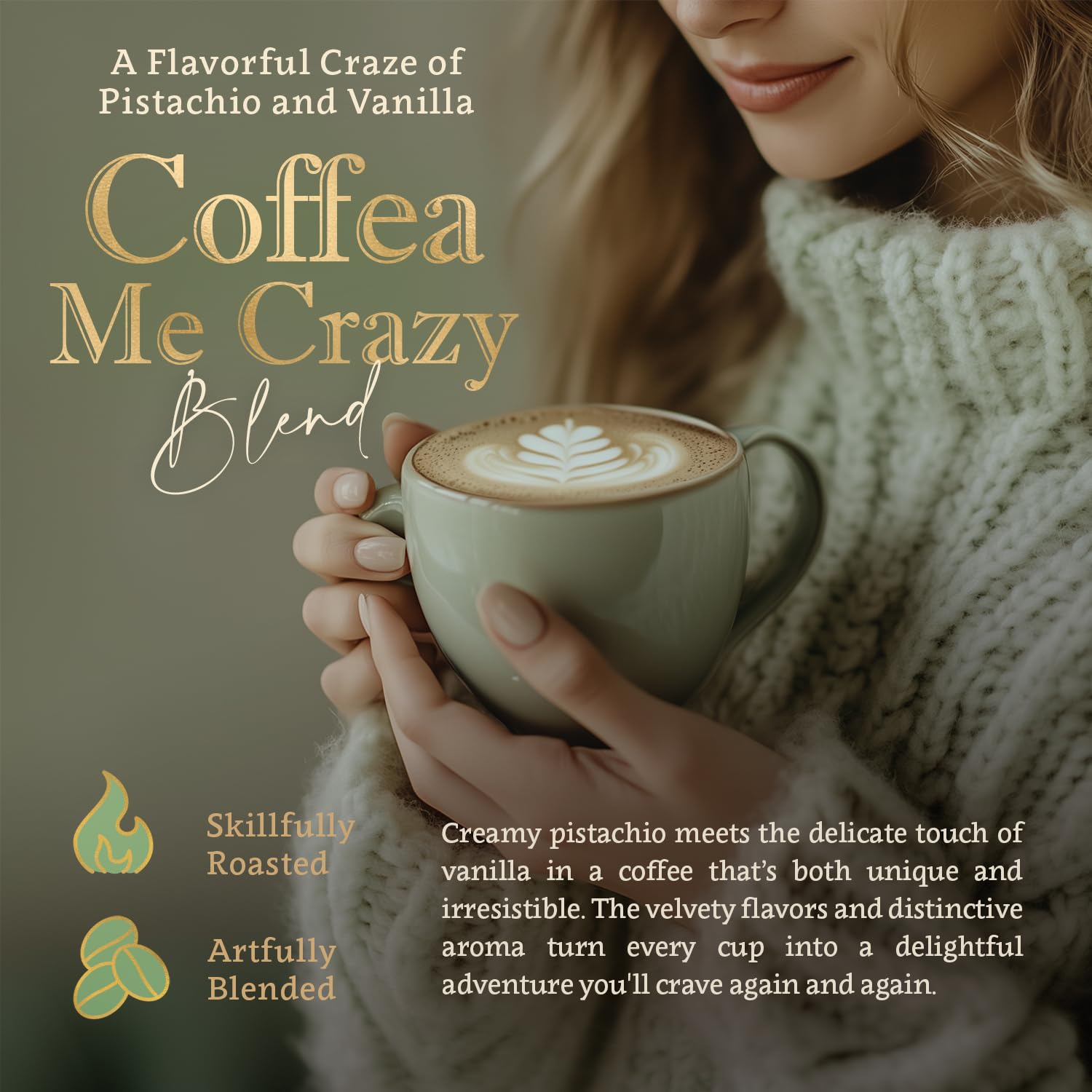 Coffea Me Crazy (Pistachio Vanilla) Flavored Whole Bean Coffee, Organic Medium Roast, Single Origin Dominican Arabica, Naturally Flavored, No Added