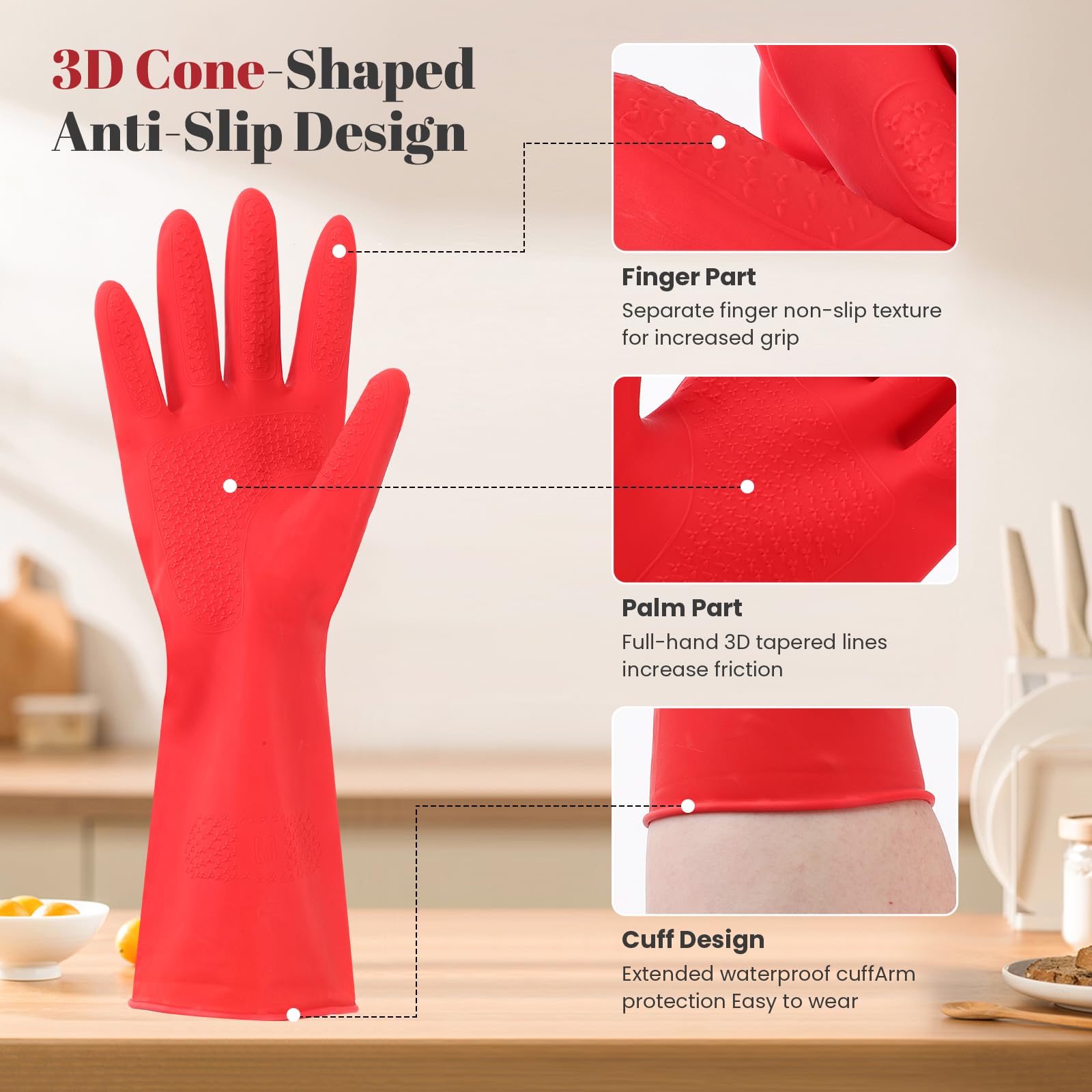 Yunaeduo Rubber Cleaning Gloves for Dishwashing - 4 Pairs Kitchen Gloves for Washing Dishes, Reusable Household Gloves for Bathroom, Gardening (Small