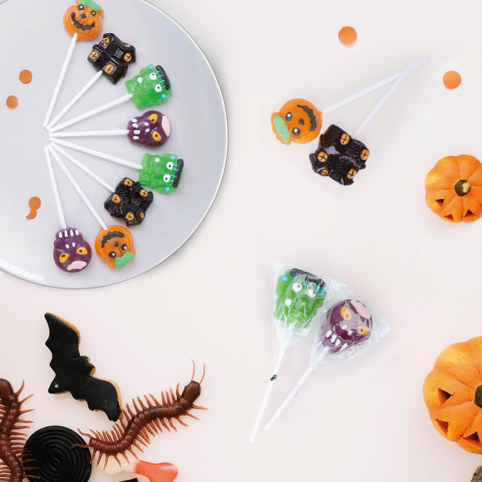 Halloween Lollipop Suckers Individually Wrapped Bulk - Spooky Candy Lollipops - Pumpkin, Green Monster, Zombie, Haunted House Candies for Kids