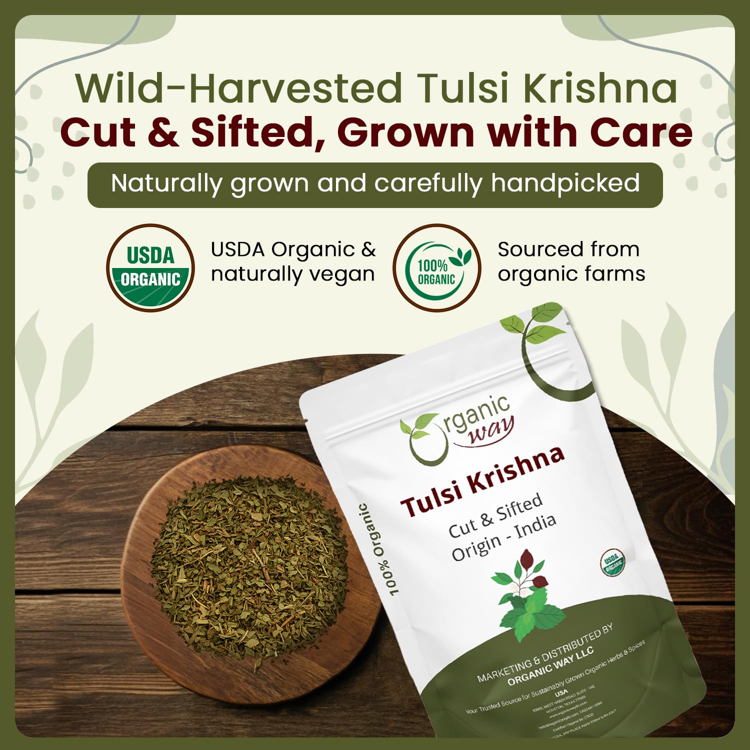 Organic Way Tulsi/Holy Basil (Krishna) Cut & Sifted (Ocimum Tenuiflorum) - Herbal Tea | Organic & Kosher Certified | Raw, Vegan, Non GMO & Gluten Free