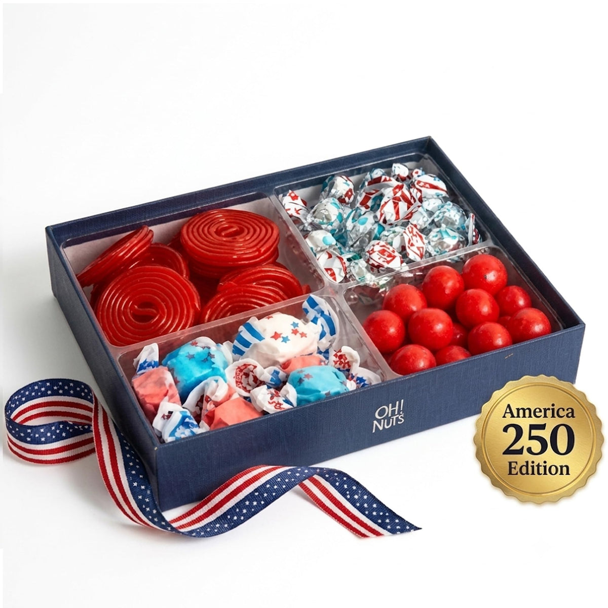 Oh! Nuts 4-Section Patriotic Candy 4th of July Gift Basket - America 250 Anniversary Freedom Day Mix - Cherry Sour Balls, Red Licorice Wheels