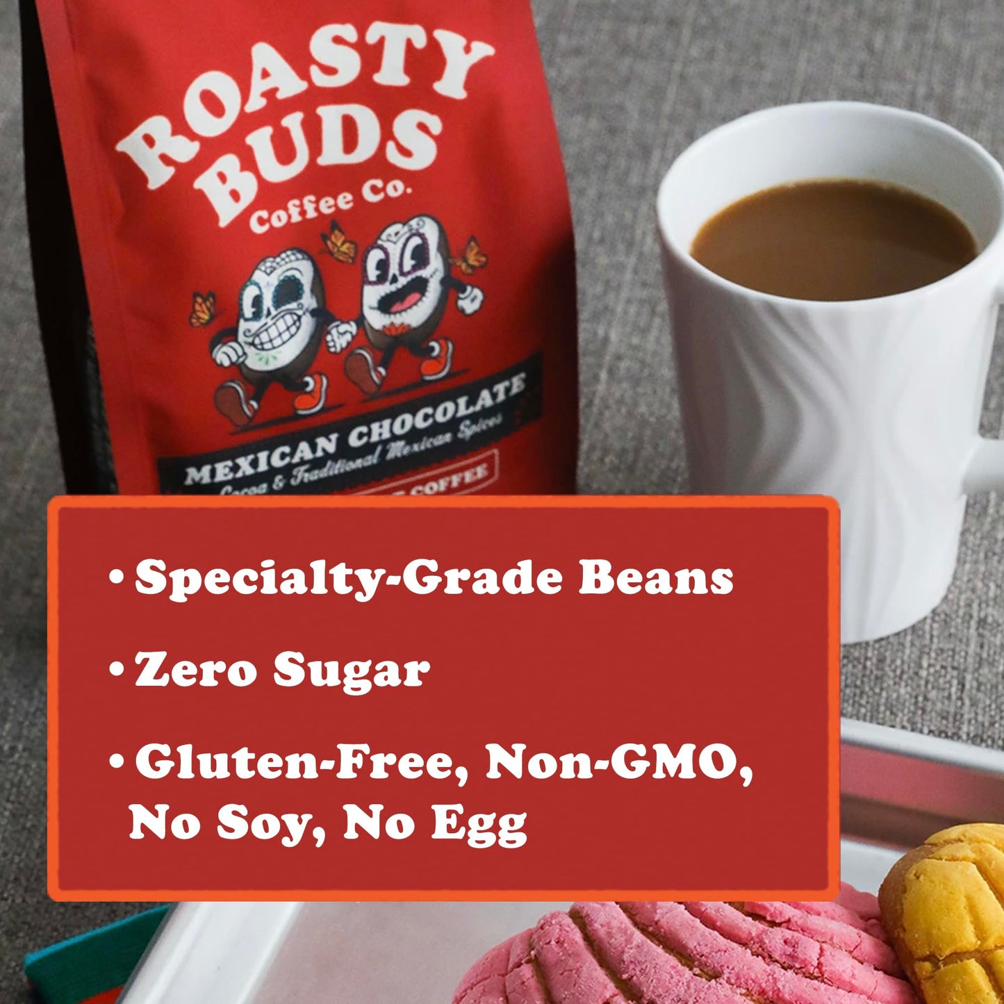 Roasty Buds Mexican Chocolate Coffee Grounds | Café Mexicano 100% Arabica Coffee, Natural Cinnamon Flavors (12 oz) | Gluten-Free, Non-GMO, No Sugar |