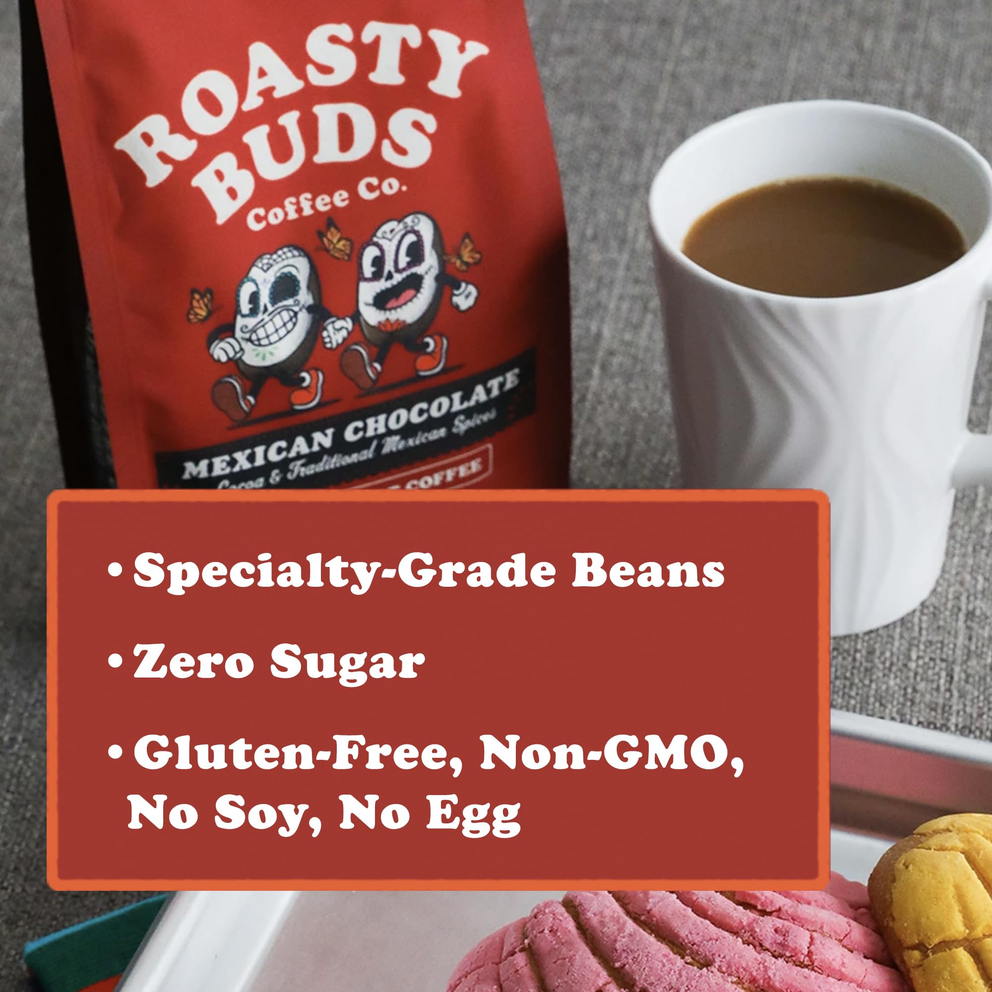 Roasty Buds Mexican Chocolate Coffee Grounds | Café Mexicano 100% Arabica Coffee, Natural Cinnamon Flavors (12 oz) | Gluten-Free, Non-GMO, No Sugar |
