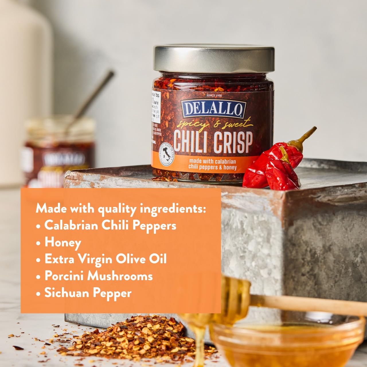 DeLallo Spicy and Sweet Chili Crisp, Made with Calabrian Chili Peppers, Sichuan Peppers, and Porcini Mushrooms, Made in Italy, Non-GMO, Kosher, Vegan