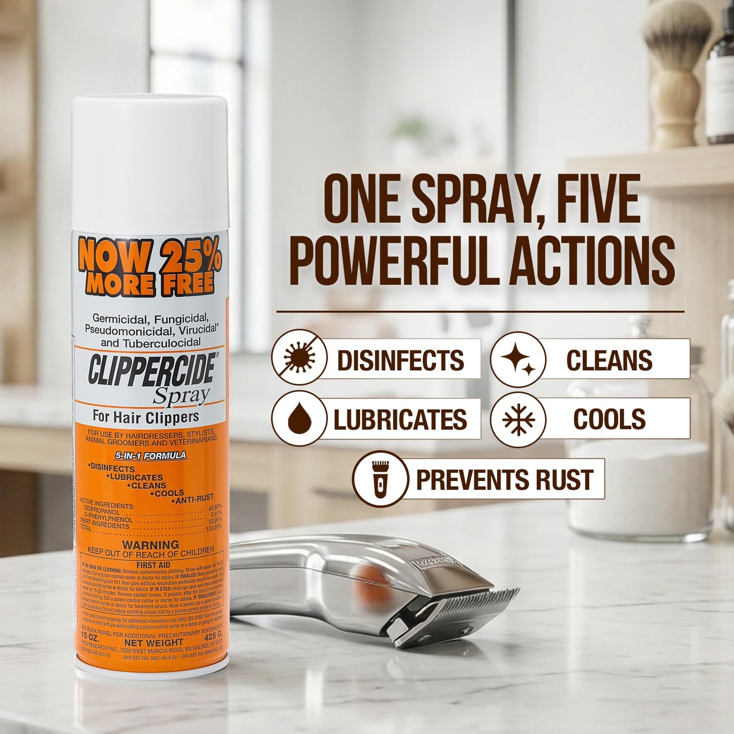 Barbicide Clipperside Hair Clippers Spray Cleaner Large 15 OZ. Bottle with EXCLUSIVE 5-In-1 Formula Disinfects