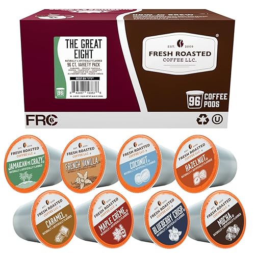 Fresh Roasted Coffee, The Great Eight, Flavored Coffee Pod Variety Pack Flavored K-Cup Pods for Keurig Brewers, Medium Roast, Kosher, 96 Count Loose