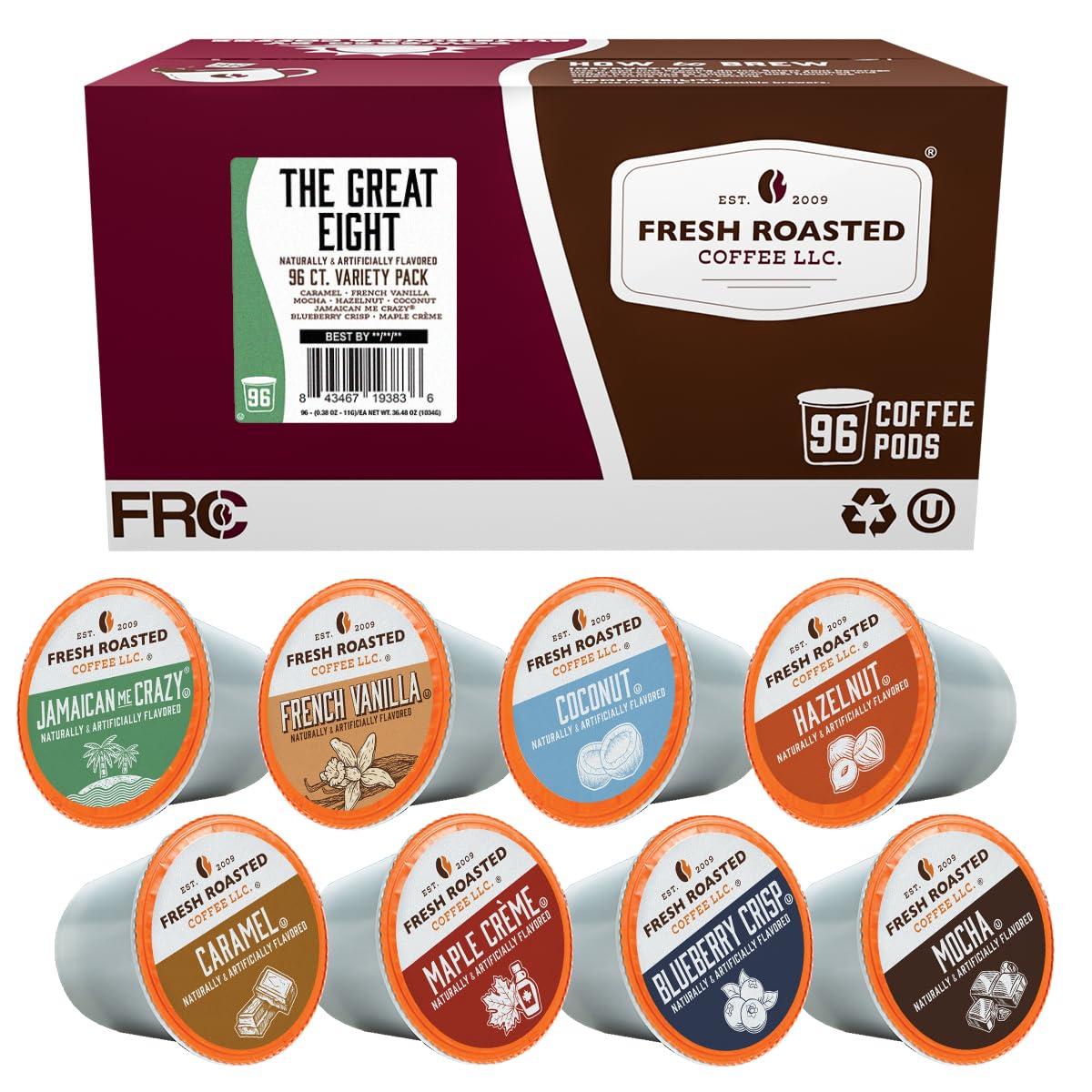 Fresh Roasted Coffee, The Great Eight, Flavored Coffee Pod Variety Pack Flavored K-Cup Pods for Keurig Brewers, Medium Roast, Kosher, 96 Count Loose