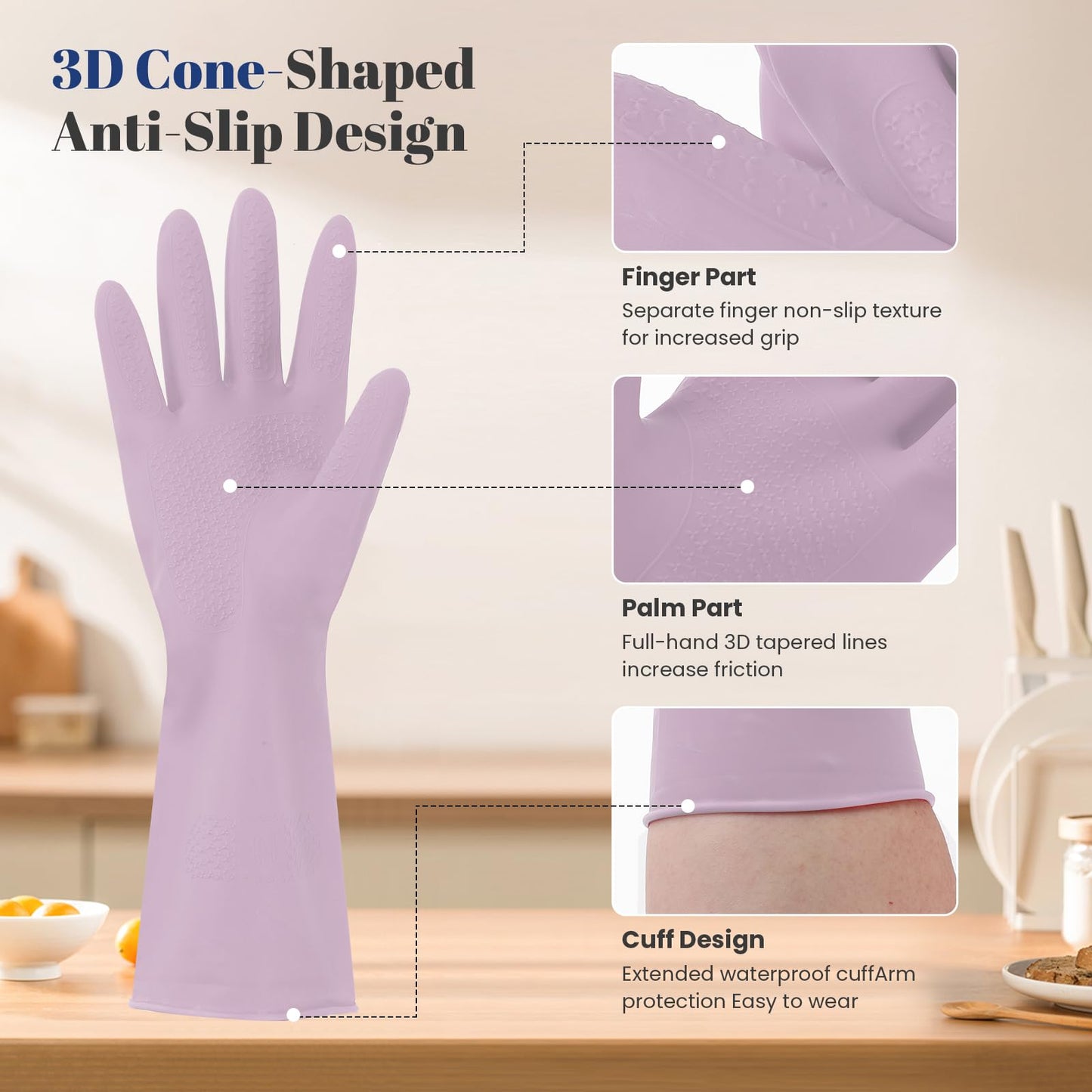 Reusable Kitchen Dishwashing Gloves - 3 Pairs Rubber Household Cleaning Gloves, Flexible and Durable & Non-slip Cleaning Gloves, Great for Kitchen