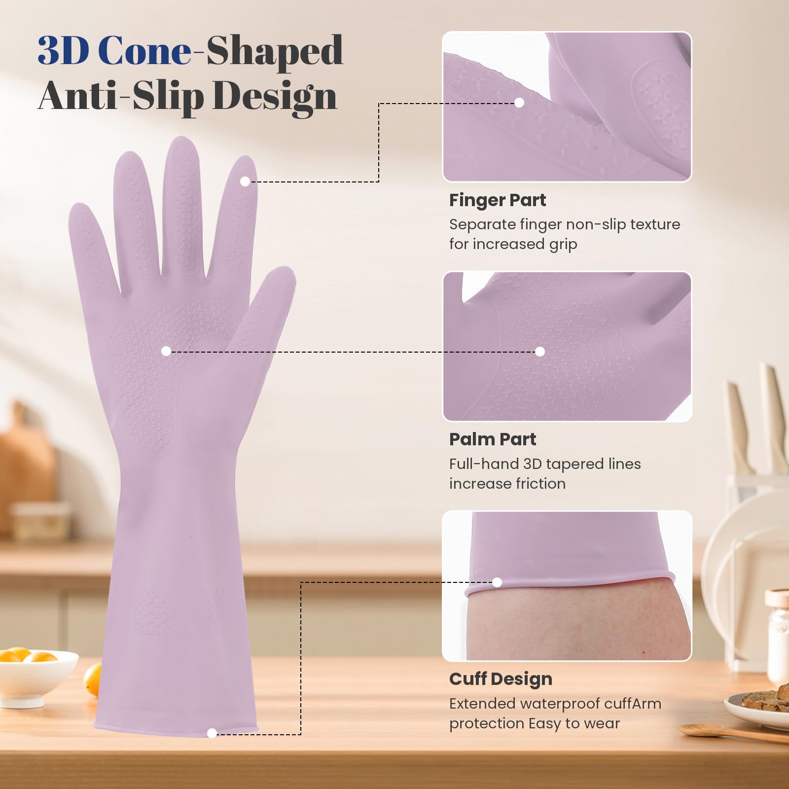 Reusable Kitchen Dishwashing Gloves - 3 Pairs Rubber Household Cleaning Gloves, Flexible and Durable & Non-slip Cleaning Gloves, Great for Kitchen