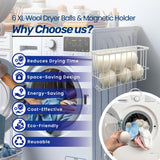 Magnetic Dryer Ball Holder Plus 6 XL Wool Dryer Balls from New Zealand Wool- Laundry Dryer Balls Storage Containers: Easy Install Without Tools