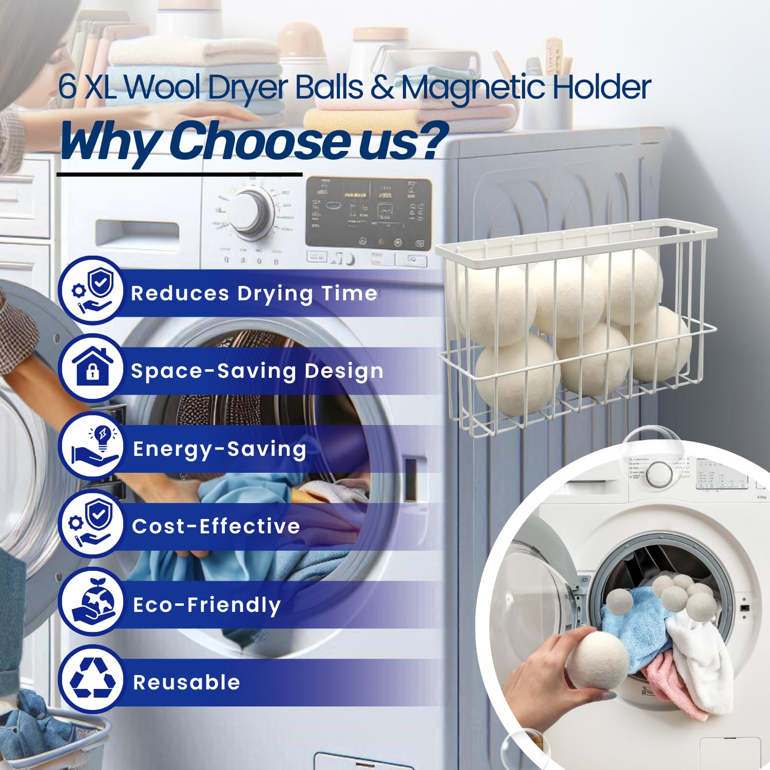 Magnetic Dryer Ball Holder Plus 6 XL Wool Dryer Balls from New Zealand Wool- Laundry Dryer Balls Storage Containers: Easy Install Without Tools